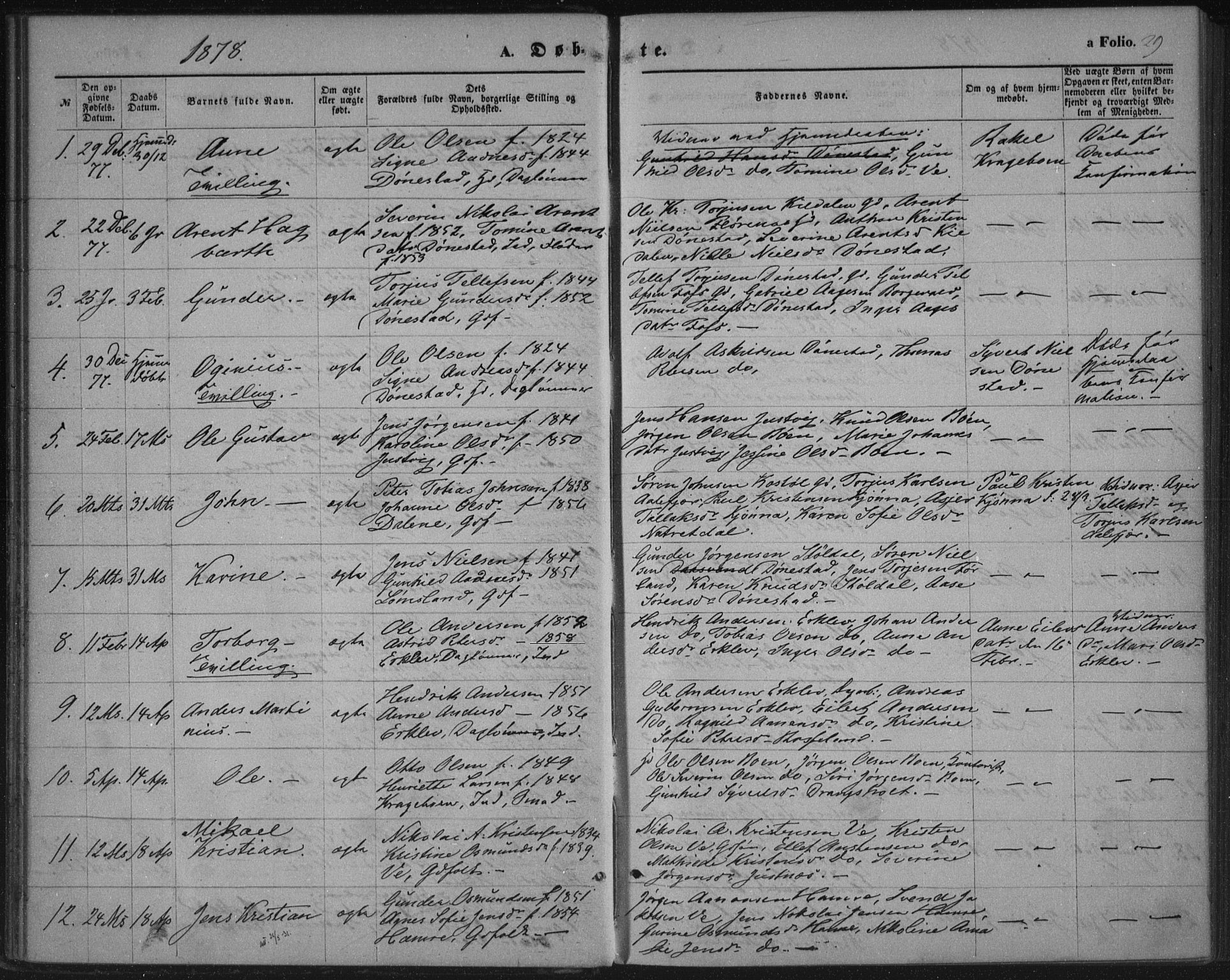 Tveit sokneprestkontor, SAK/1111-0043/F/Fa/L0006: Parish register (official) no. A 6, 1872-1886, p. 29
