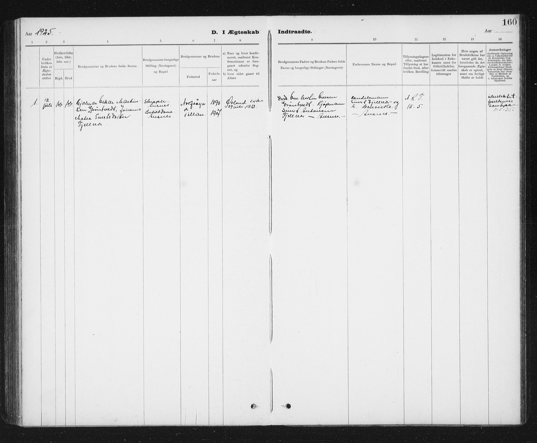 Ministerialprotokoller, klokkerbøker og fødselsregistre - Sør-Trøndelag, SAT/A-1456/637/L0563: Parish register (copy) no. 637C04, 1899-1940, p. 160