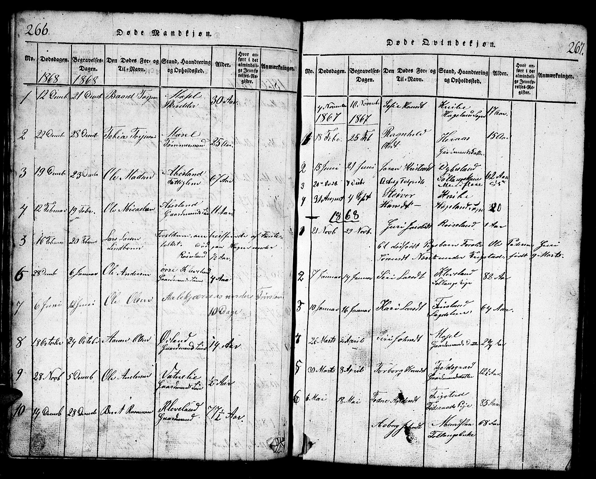 Bjelland sokneprestkontor, AV/SAK-1111-0005/F/Fb/Fbb/L0003: Parish register (copy) no. B 3, 1816-1868, p. 266-267