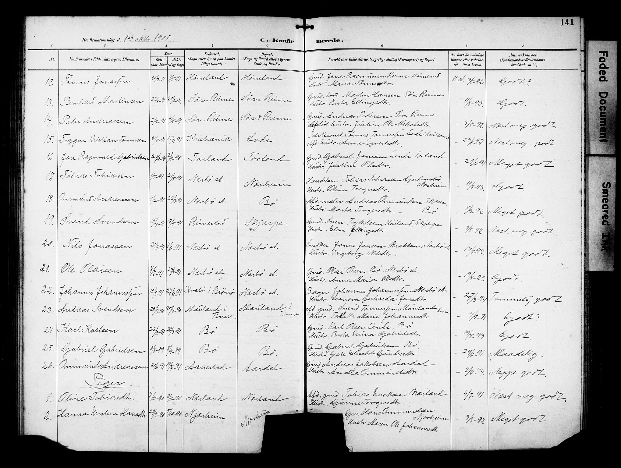 Hå sokneprestkontor, AV/SAST-A-101801/001/30BB/L0005: Parish register (copy) no. B 5, 1894-1912, p. 141