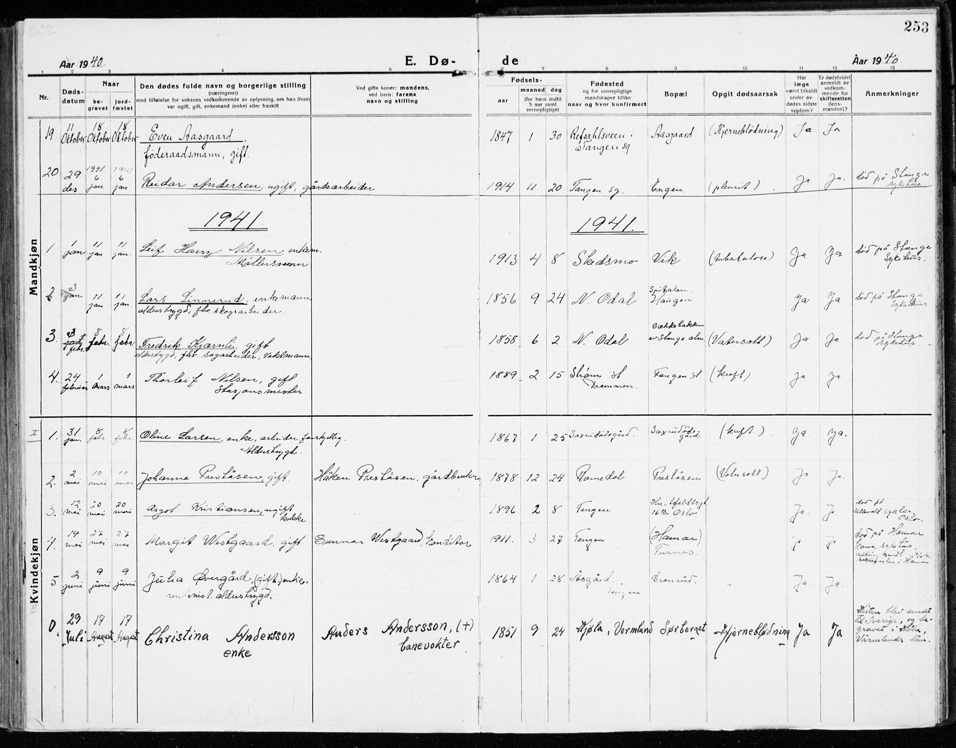 Stange prestekontor, AV/SAH-PREST-002/K/L0025: Parish register (official) no. 25, 1921-1945, p. 253