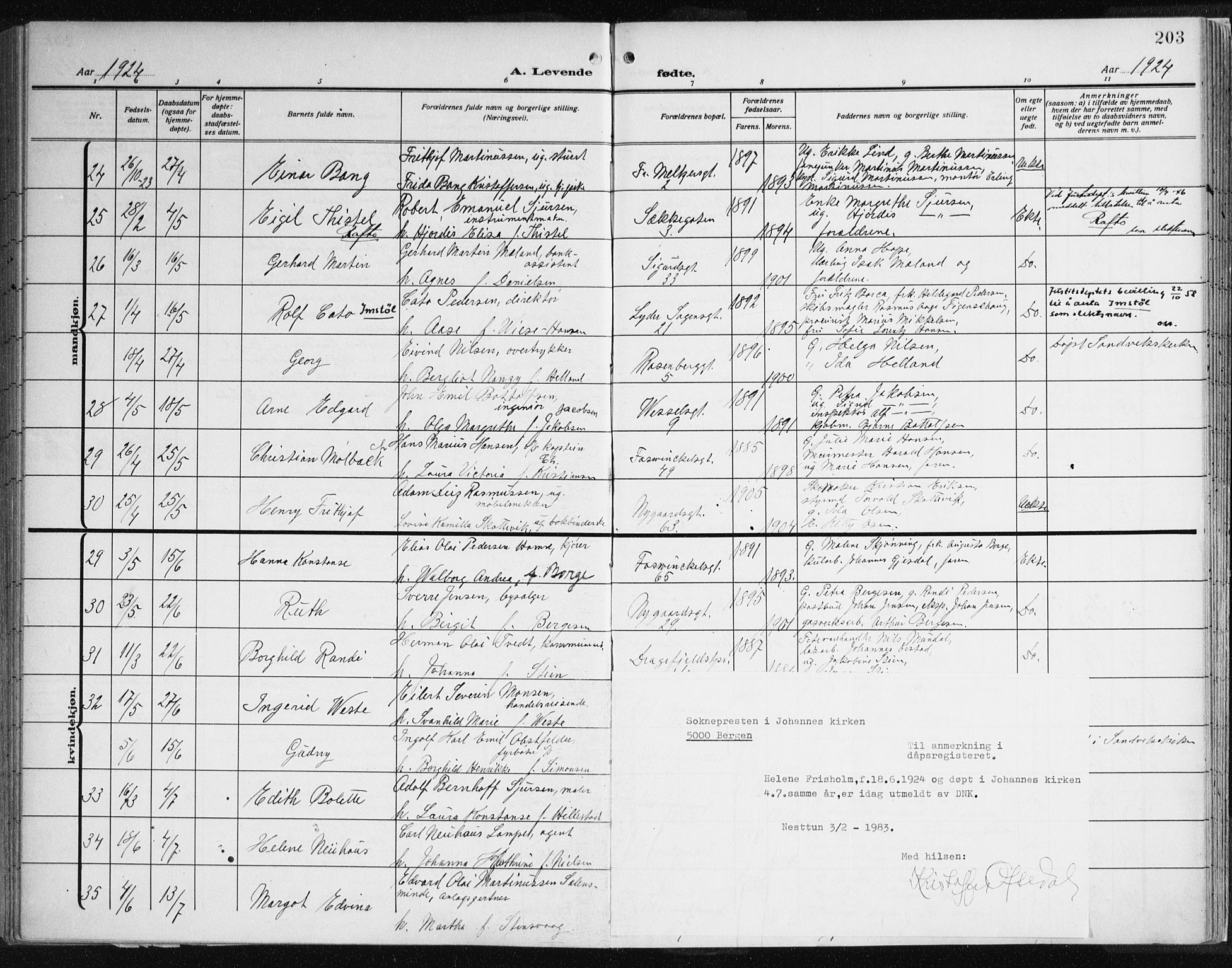 Johanneskirken sokneprestembete, AV/SAB-A-76001/H/Haa: Parish register (official) no. A 3, 1913-1934, p. 203