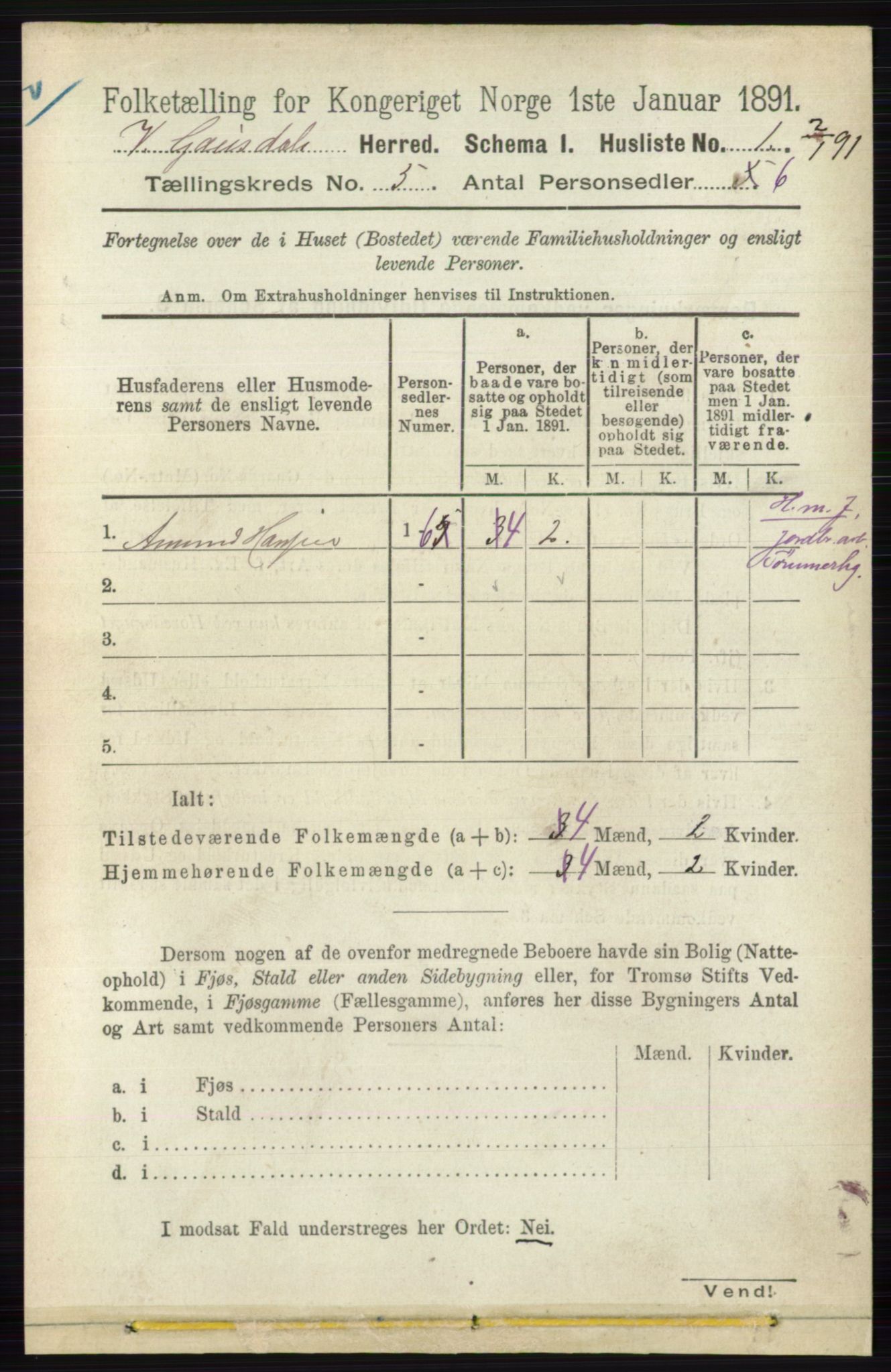 RA, 1891 census for 0523 Vestre Gausdal, 1891, p. 2118