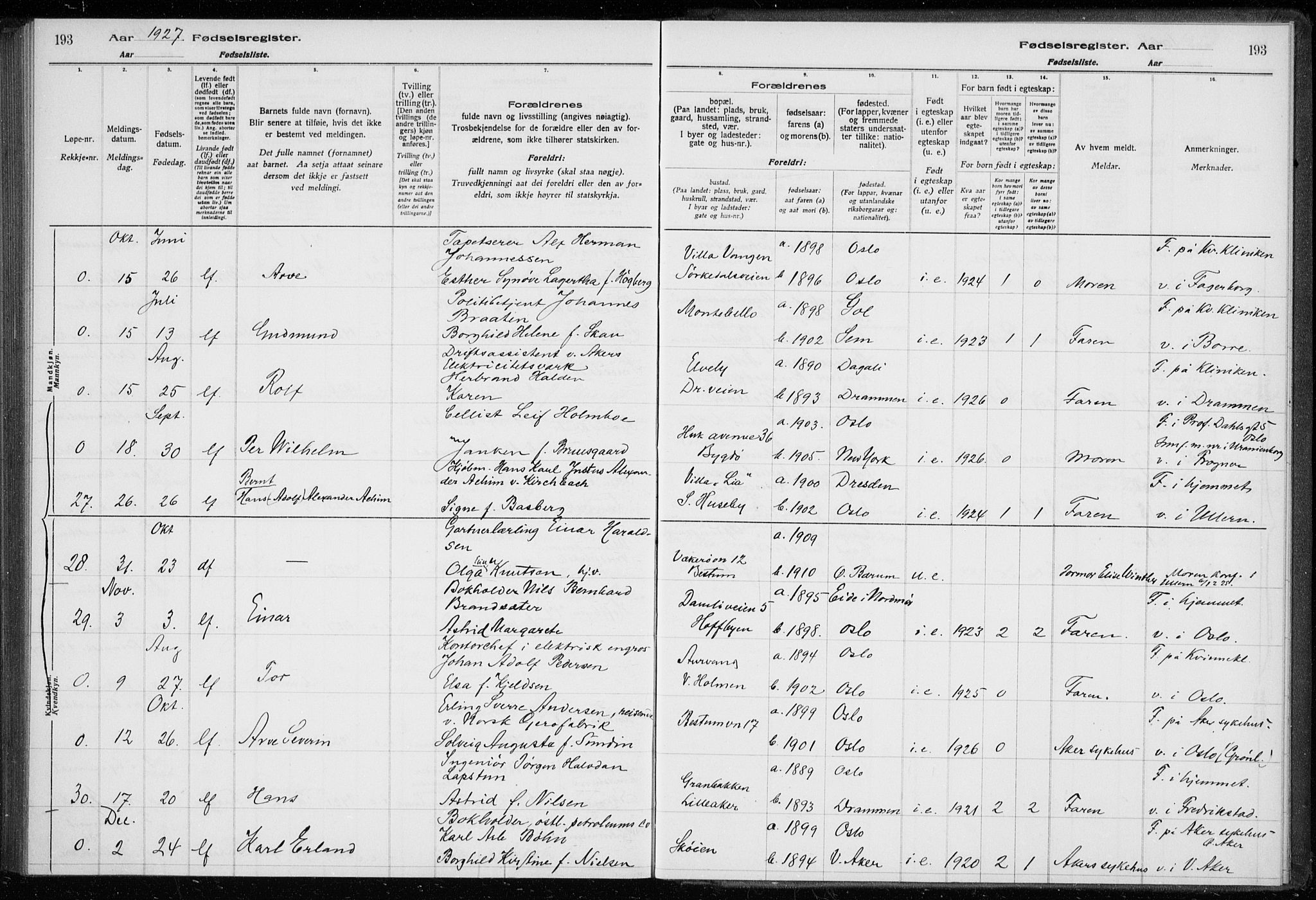 Ullern prestekontor Kirkebøker, AV/SAO-A-10740/J/L0001: Birth register no. 1, 1916-1928, p. 193