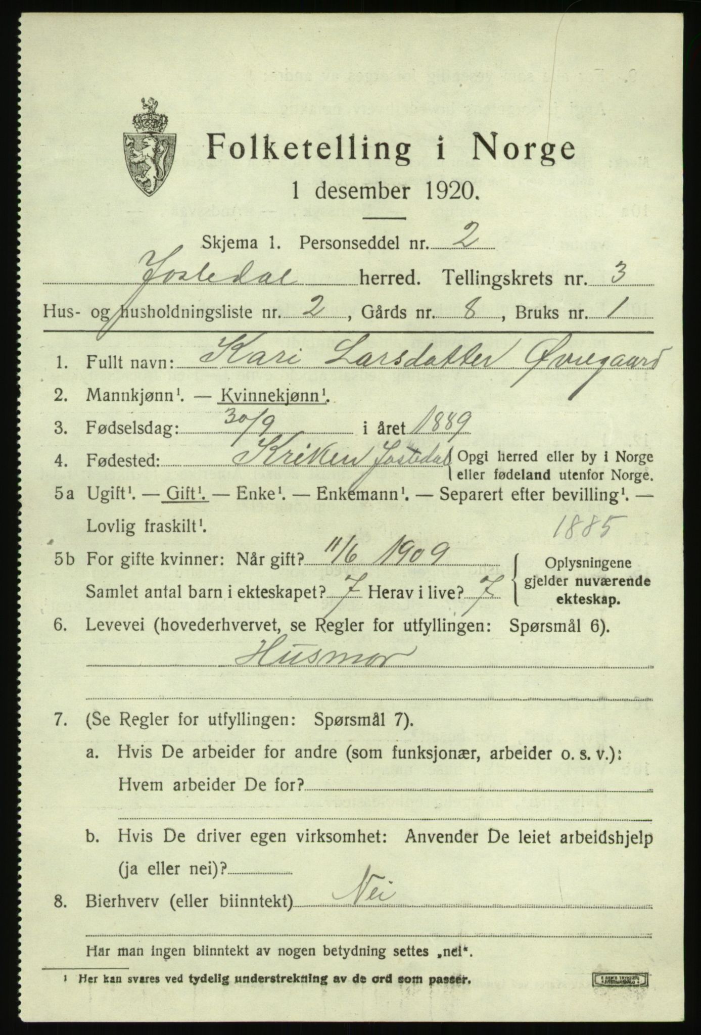 SAB, 1920 census for Jostedal, 1920, p. 1078