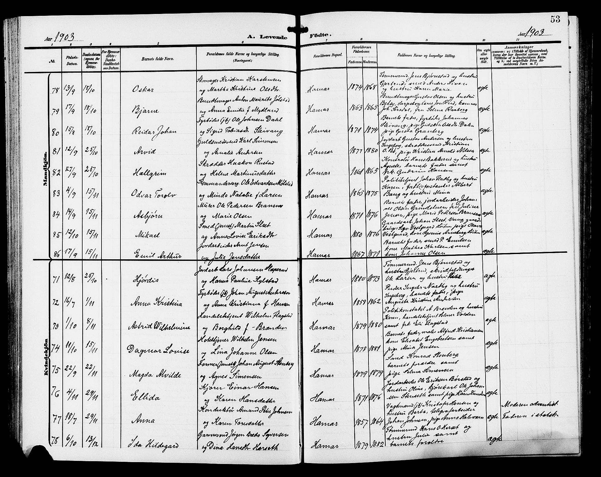 Hamar prestekontor, AV/SAH-DOMPH-002/H/Ha/Hab/L0001: Parish register (copy) no. 1, 1899-1914, p. 53