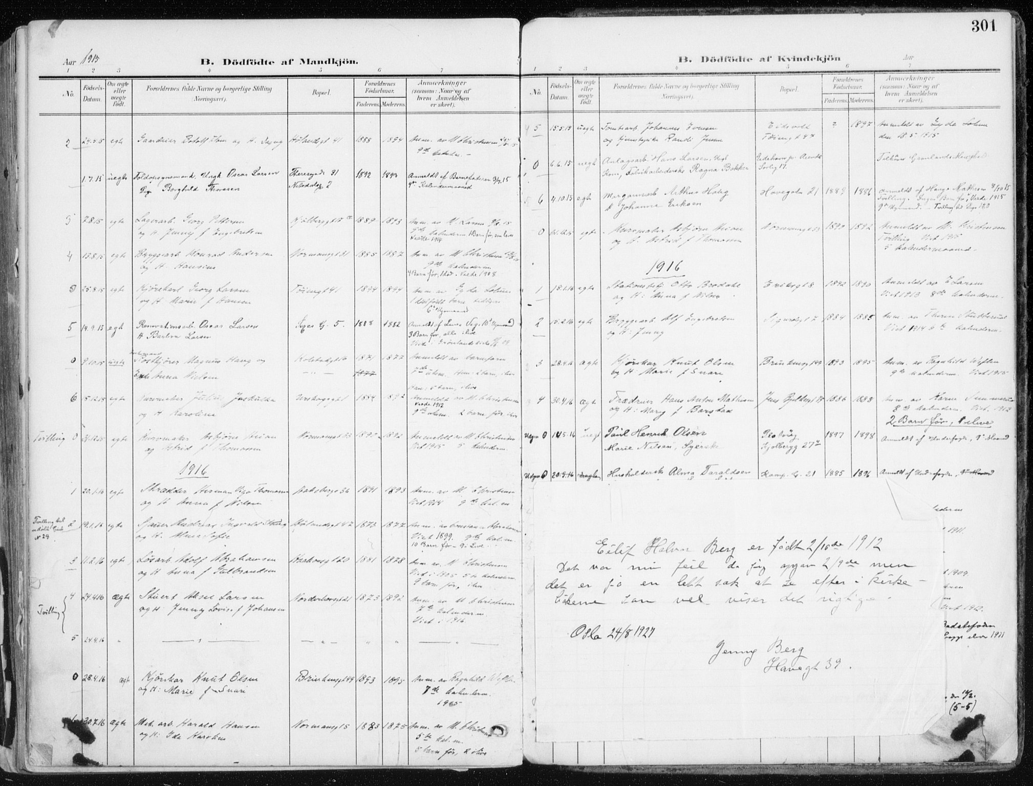 Kampen prestekontor Kirkebøker, AV/SAO-A-10853/F/Fa/L0010: Parish register (official) no. I 10, 1905-1917, p. 301