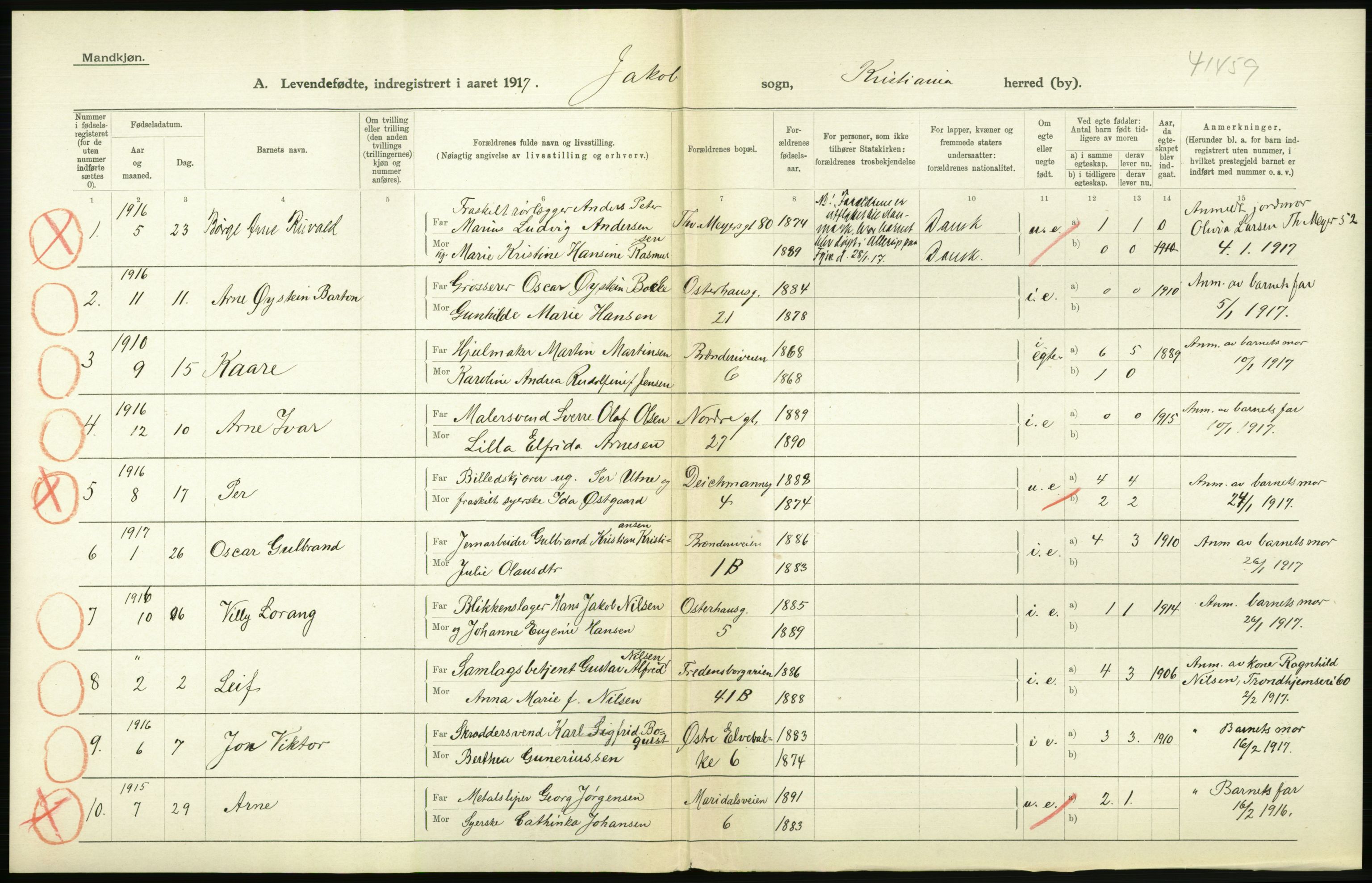 Statistisk sentralbyrå, Sosiodemografiske emner, Befolkning, RA/S-2228/D/Df/Dfb/Dfbg/L0006: Kristiania: Levendefødte menn og kvinner., 1917, p. 584