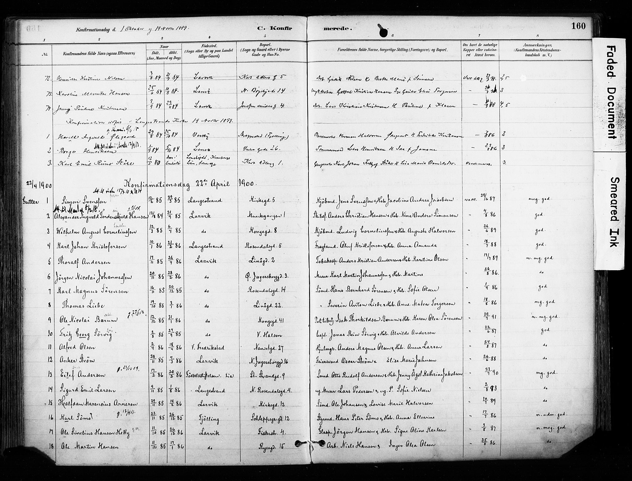 Larvik kirkebøker, SAKO/A-352/F/Fa/L0008: Parish register (official) no. I 8, 1884-1902, p. 160