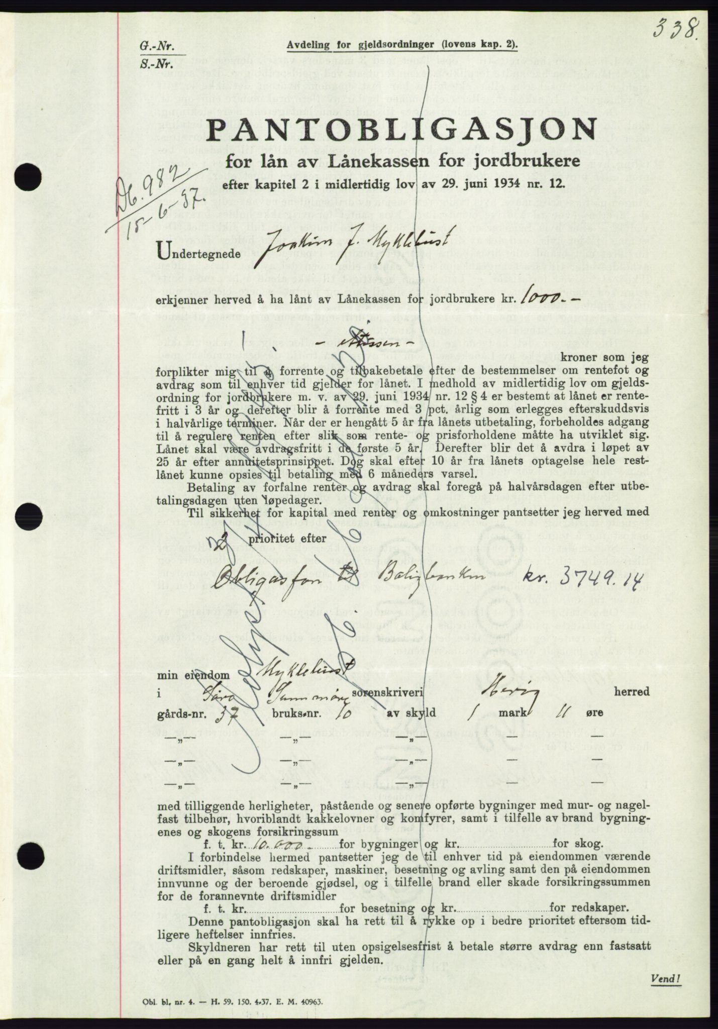 Søre Sunnmøre sorenskriveri, AV/SAT-A-4122/1/2/2C/L0063: Mortgage book no. 57, 1937-1937, Diary no: : 982/1937