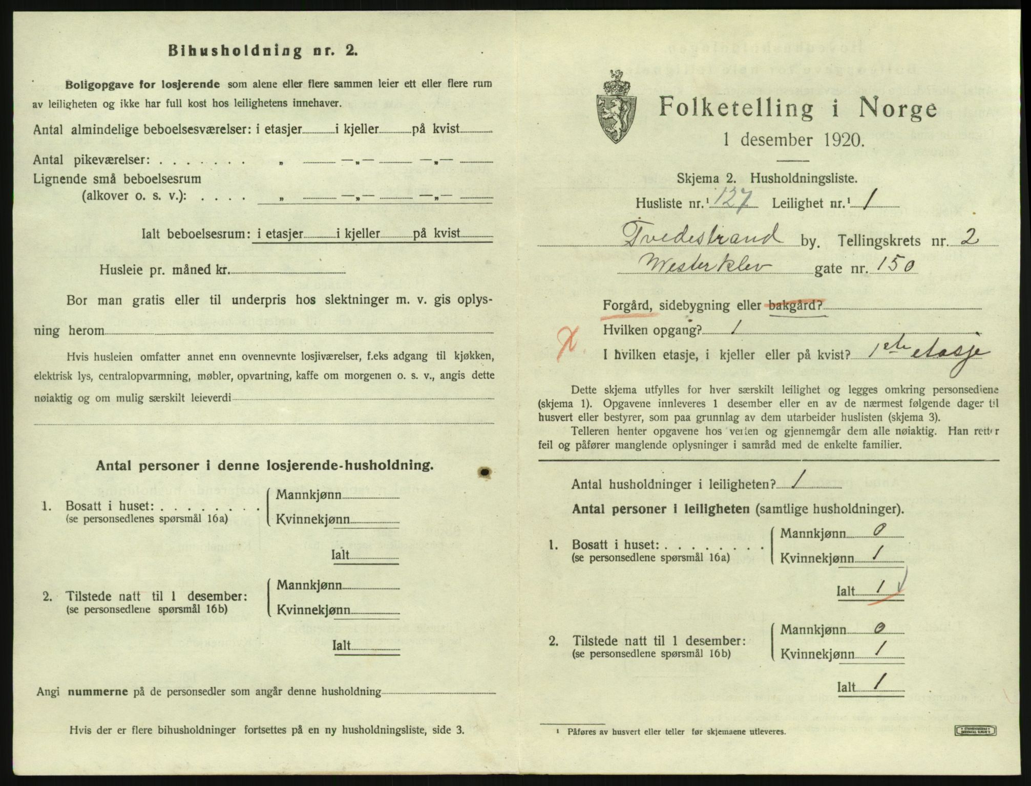 SAK, 1920 census for Tvedestrand, 1920, p. 1263