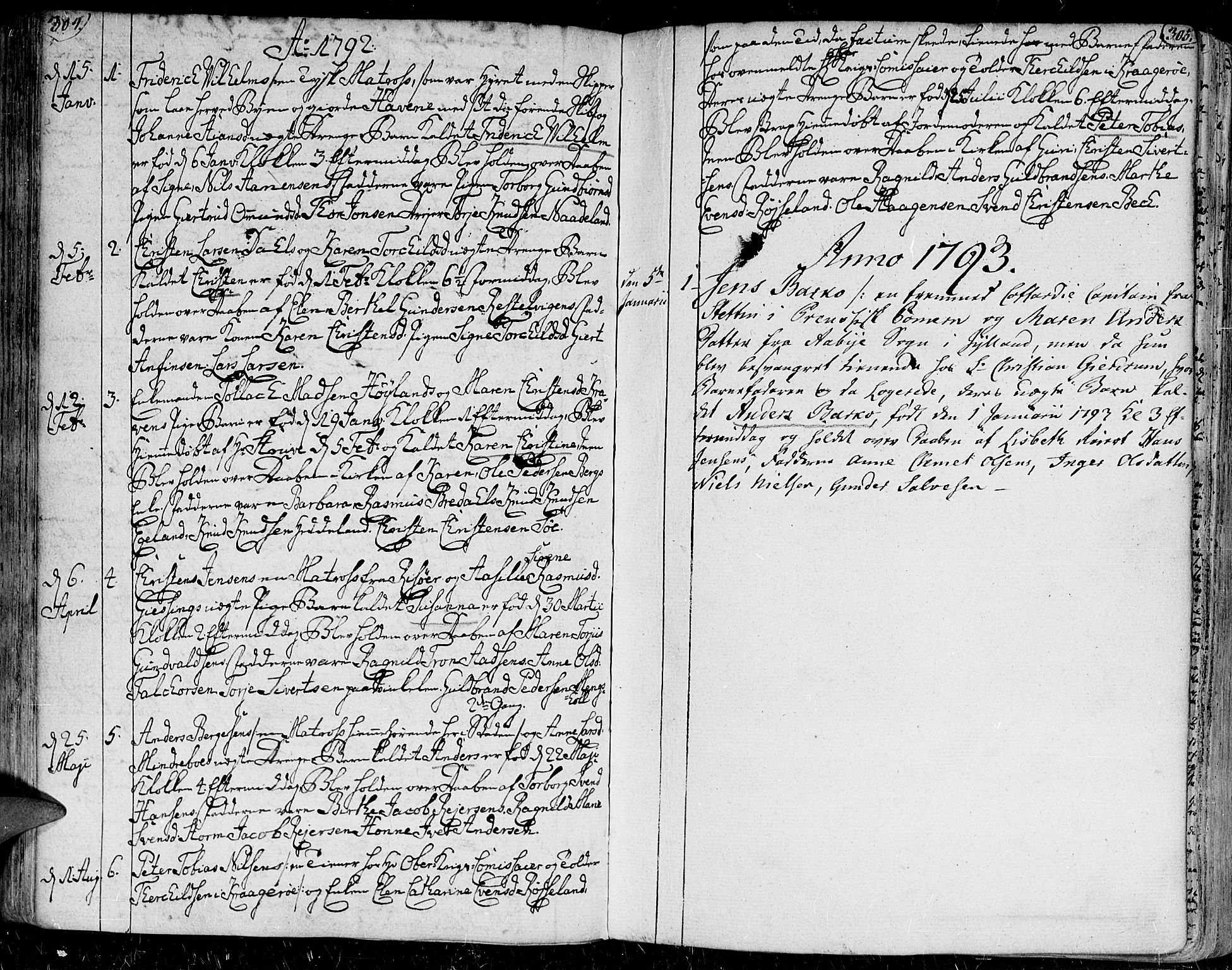 Kristiansand domprosti, AV/SAK-1112-0006/F/Fa/L0001: Parish register (official) no. A 1, 1734-1793, p. 304-305