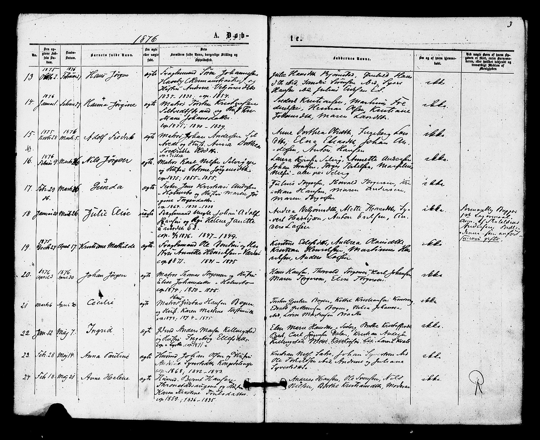 Hurum kirkebøker, AV/SAKO-A-229/F/Fa/L0013: Parish register (official) no. 13, 1876-1881, p. 3