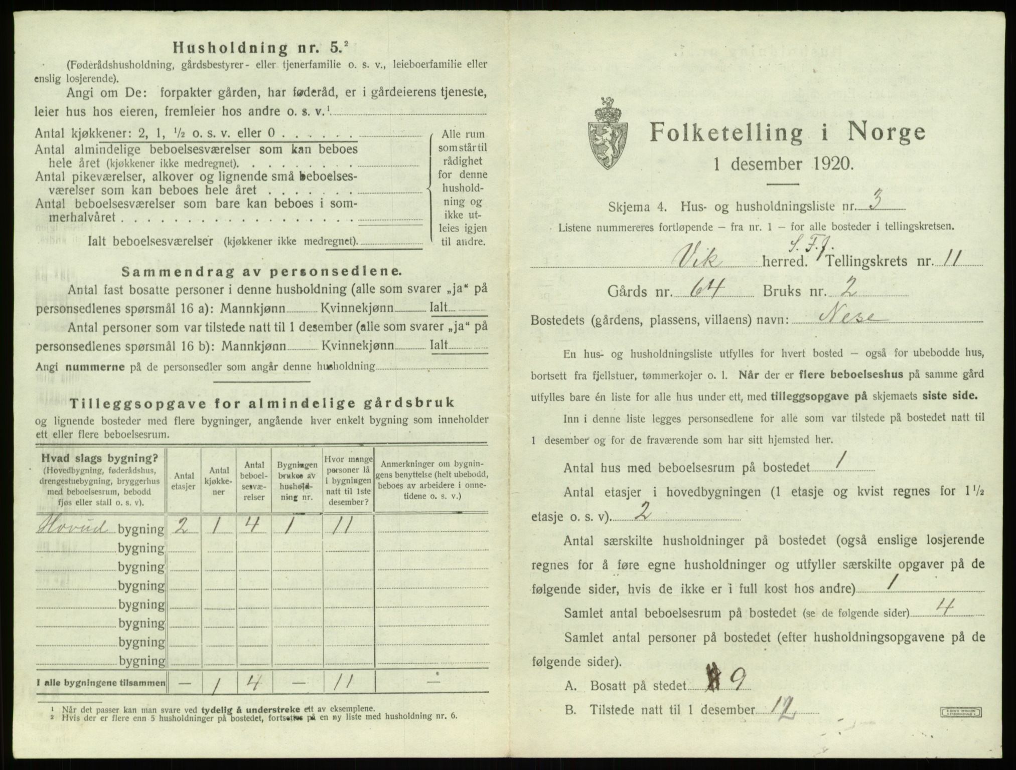 SAB, 1920 census for Vik, 1920, p. 1038