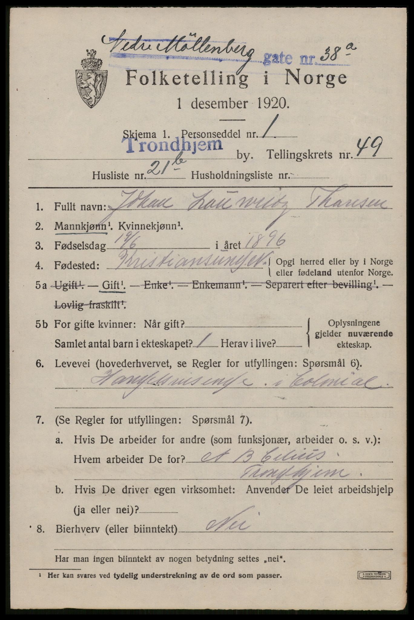 SAT, 1920 census for Trondheim, 1920, p. 103020