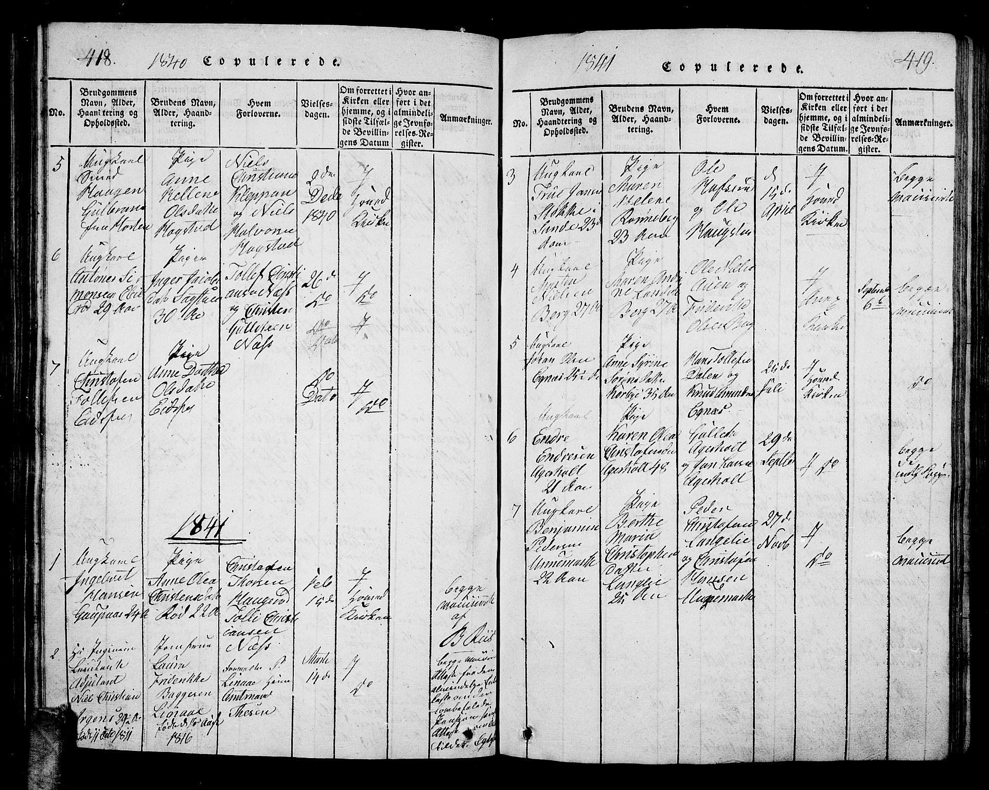 Hof kirkebøker, AV/SAKO-A-64/G/Ga/L0001: Parish register (copy) no. I 1, 1814-1844, p. 418-419