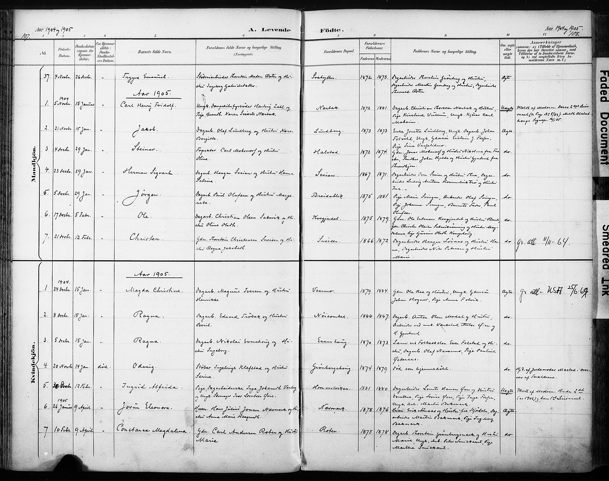 Ministerialprotokoller, klokkerbøker og fødselsregistre - Sør-Trøndelag, AV/SAT-A-1456/616/L0411: Parish register (official) no. 616A08, 1894-1906, p. 107-108