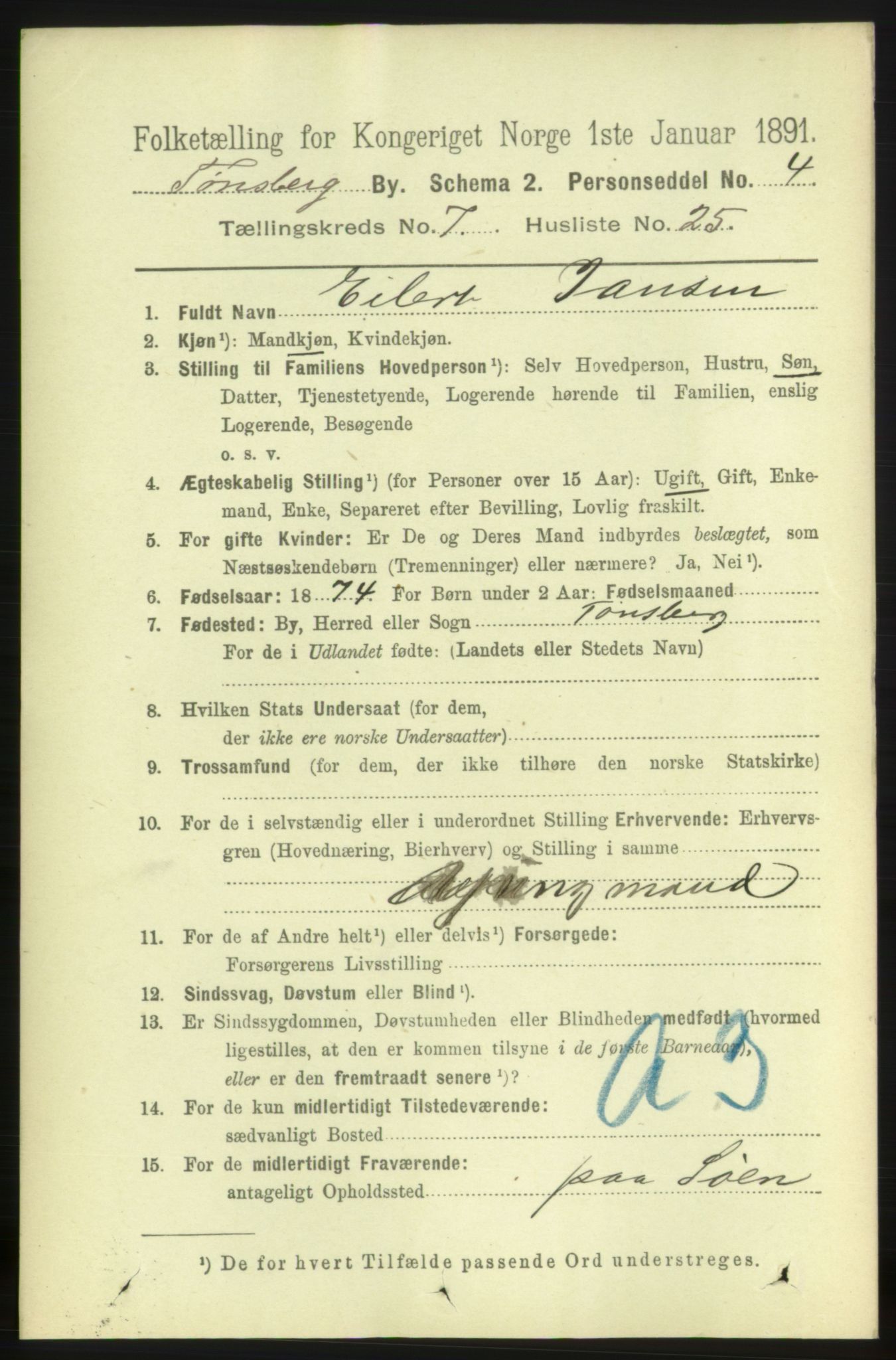 RA, 1891 census for 0705 Tønsberg, 1891, p. 3039