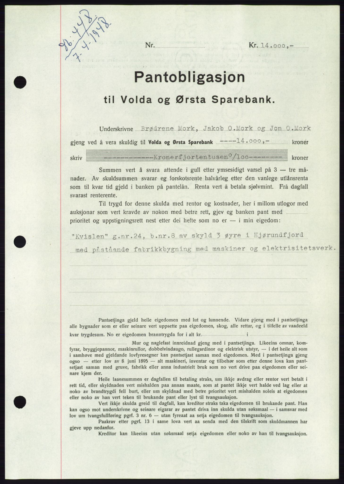 Søre Sunnmøre sorenskriveri, AV/SAT-A-4122/1/2/2C/L0115: Mortgage book no. 3B, 1947-1948, Diary no: : 448/1948