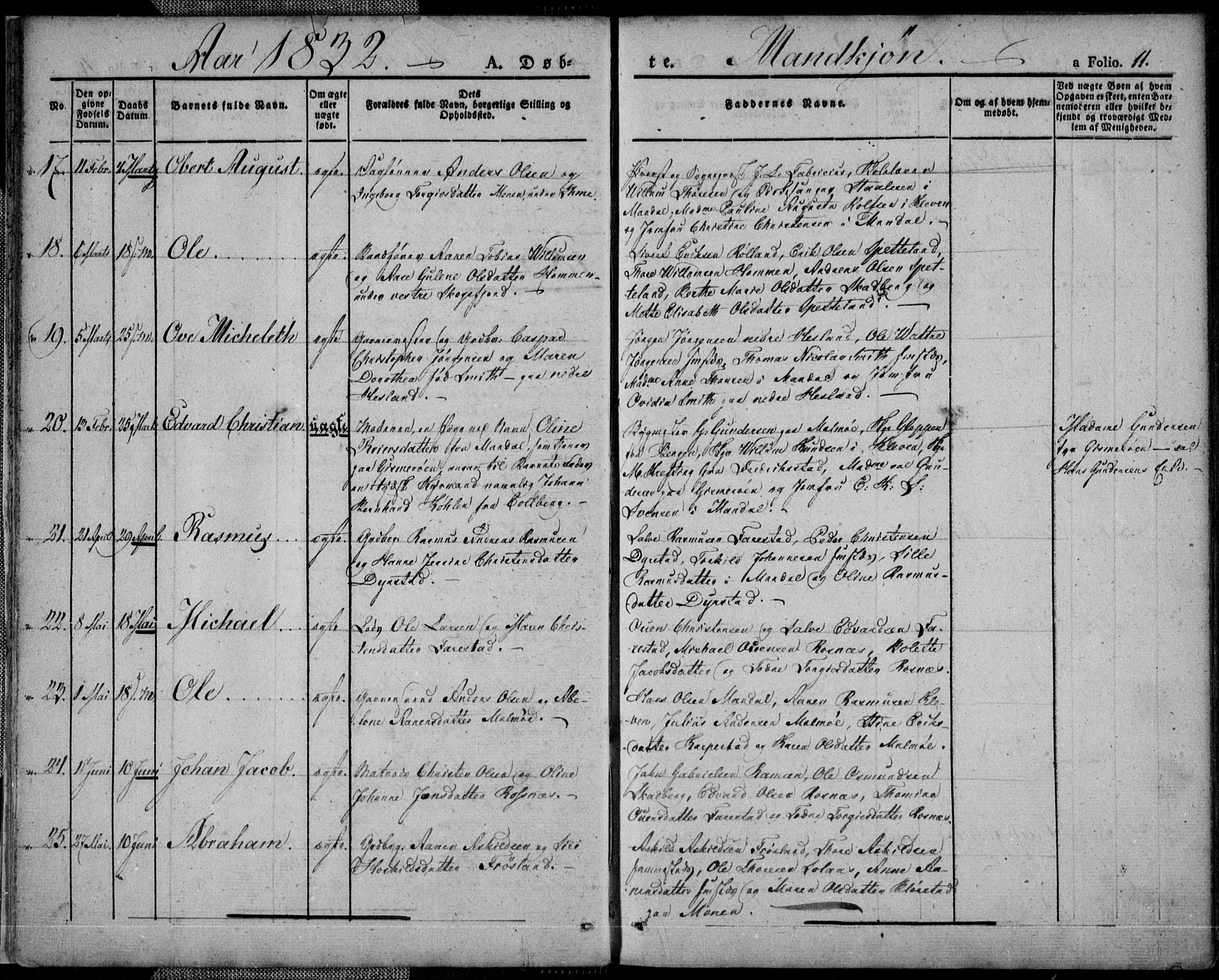 Mandal sokneprestkontor, SAK/1111-0030/F/Fa/Faa/L0011: Parish register (official) no. A 11, 1830-1839, p. 11