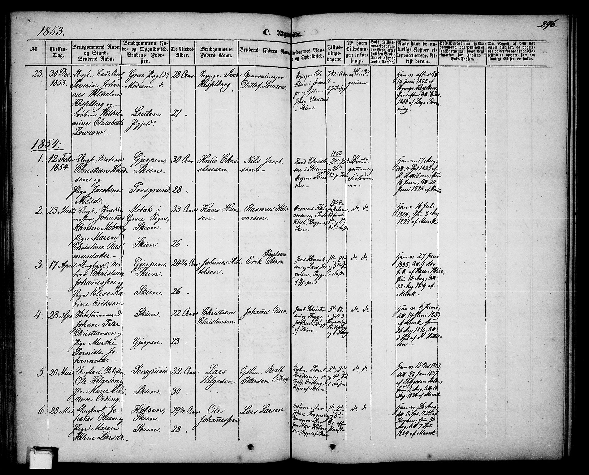 Skien kirkebøker, SAKO/A-302/G/Ga/L0004: Parish register (copy) no. 4, 1843-1867, p. 296