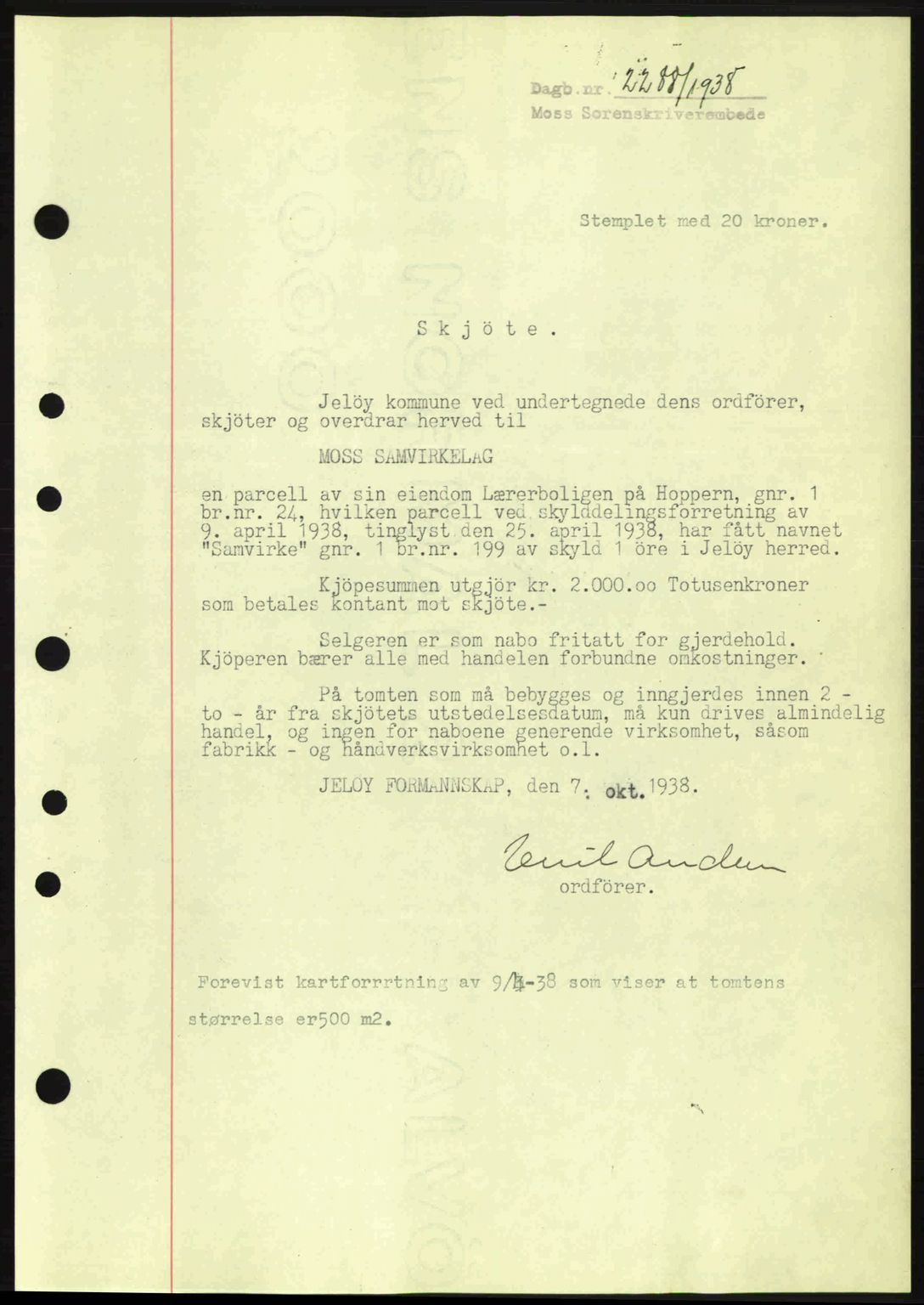 Moss sorenskriveri, SAO/A-10168: Mortgage book no. A5, 1938-1939, Diary no: : 2288/1938
