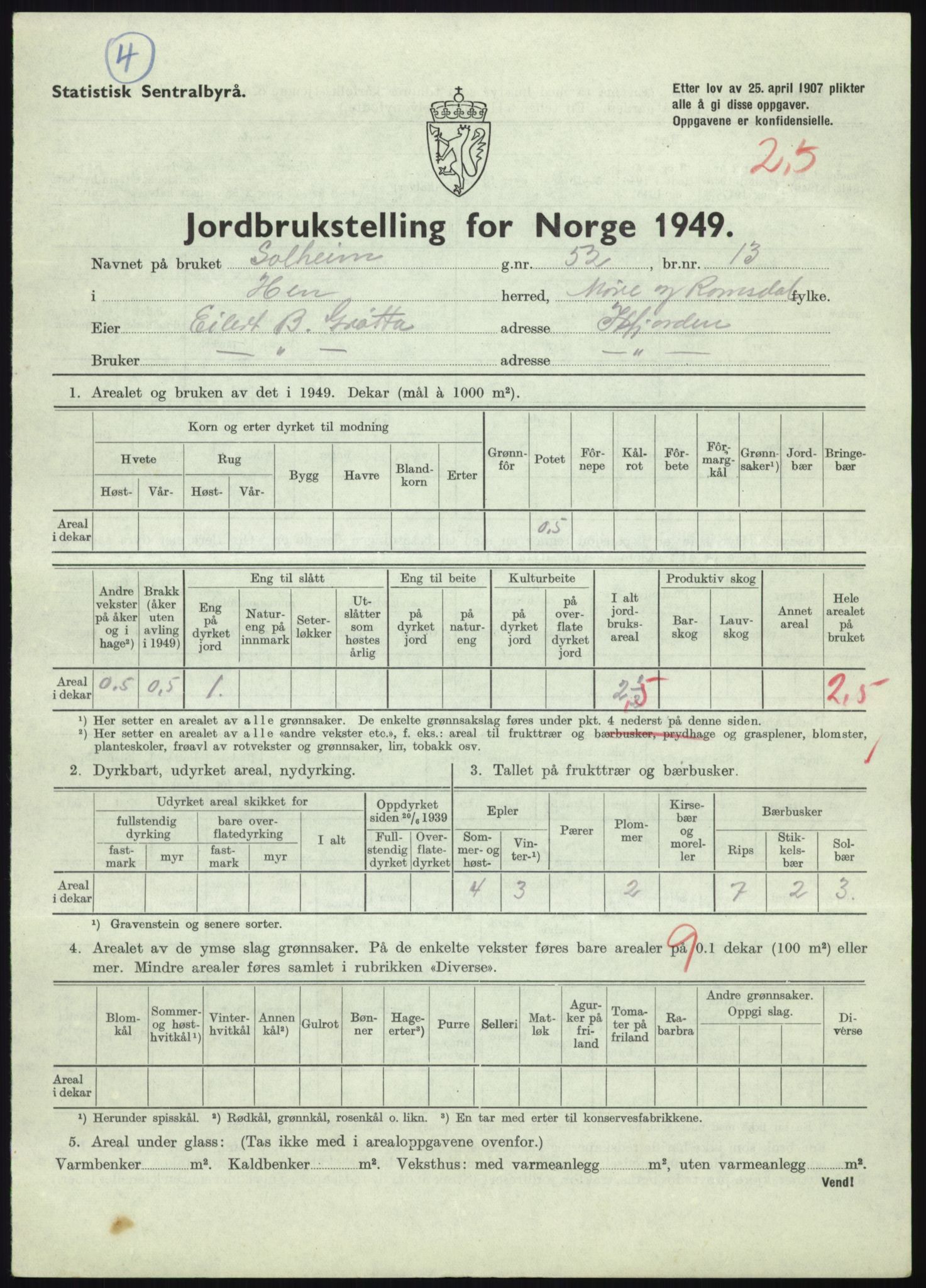 Statistisk sentralbyrå, Næringsøkonomiske emner, Jordbruk, skogbruk, jakt, fiske og fangst, AV/RA-S-2234/G/Gc/L0323: Møre og Romsdal: Grytten og Hen, 1949, p. 493