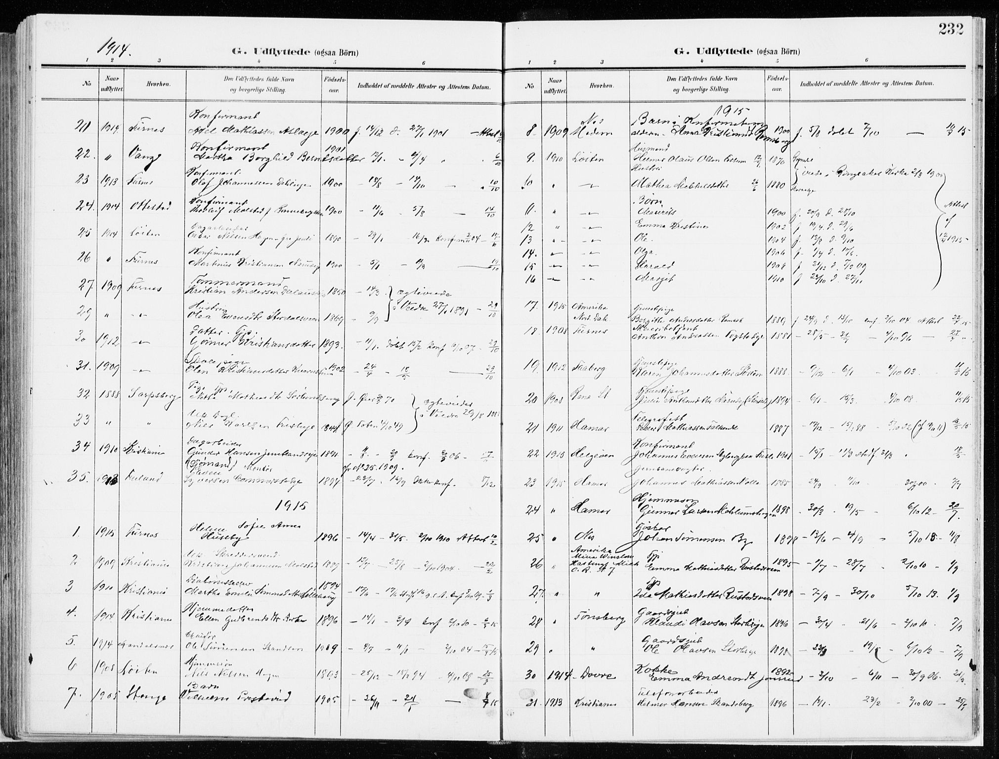 Ringsaker prestekontor, AV/SAH-PREST-014/K/Ka/L0019: Parish register (official) no. 19, 1905-1920, p. 232