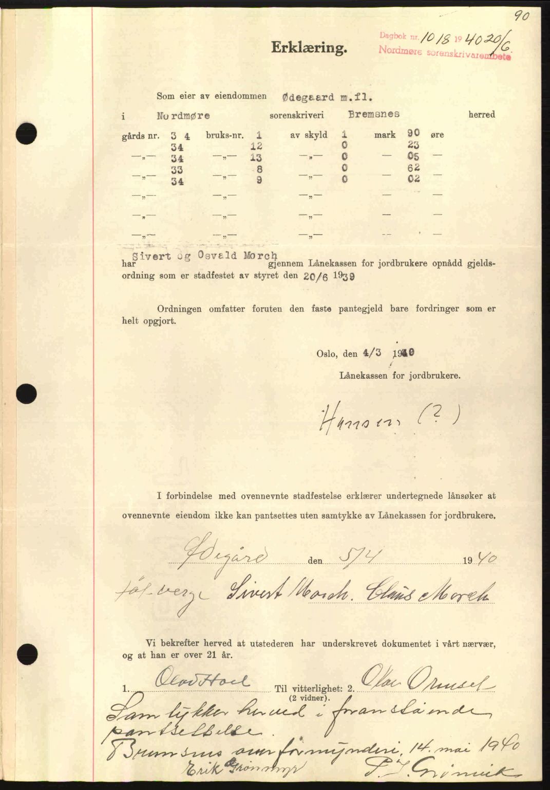 Nordmøre sorenskriveri, AV/SAT-A-4132/1/2/2Ca: Mortgage book no. B87, 1940-1941, Diary no: : 1018/1940