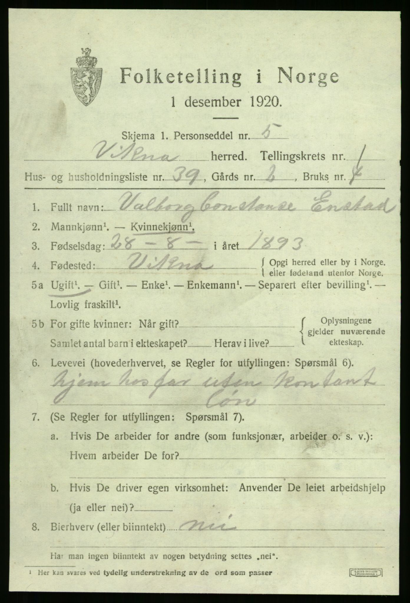 SAT, 1920 census for Vikna, 1920, p. 1553