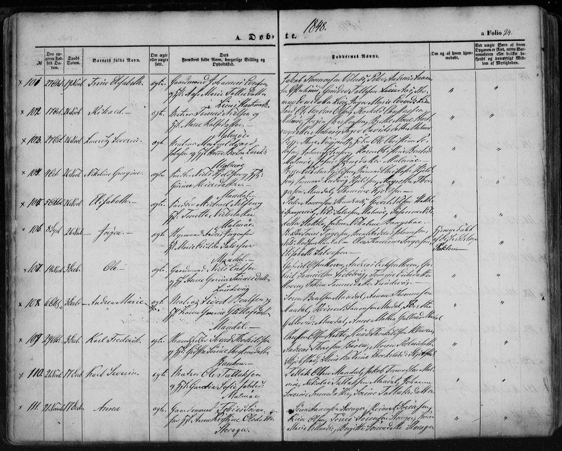 Mandal sokneprestkontor, AV/SAK-1111-0030/F/Fa/Faa/L0013: Parish register (official) no. A 13, 1847-1859, p. 24