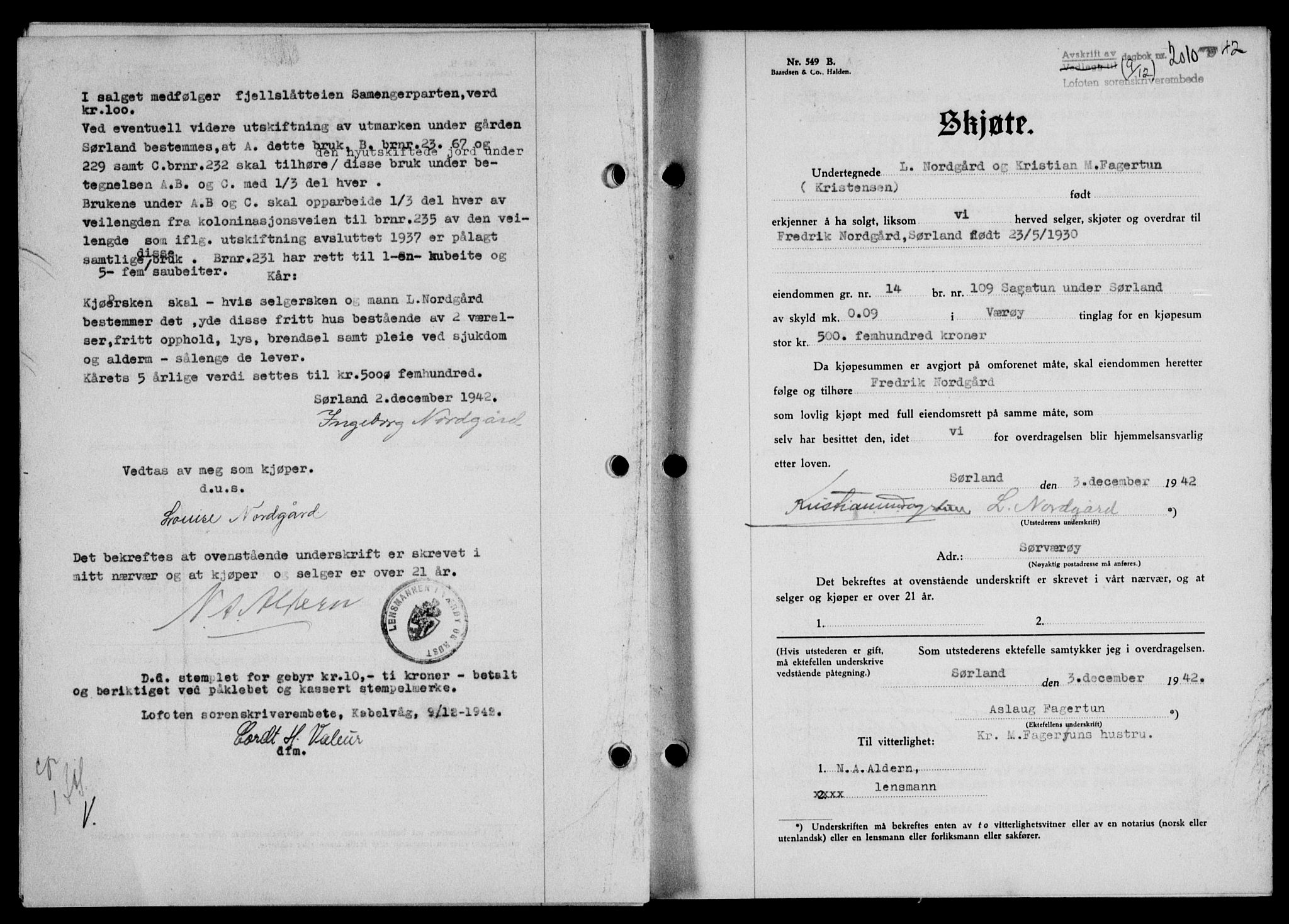 Lofoten sorenskriveri, SAT/A-0017/1/2/2C/L0010a: Mortgage book no. 10a, 1942-1943, Diary no: : 2010/1942