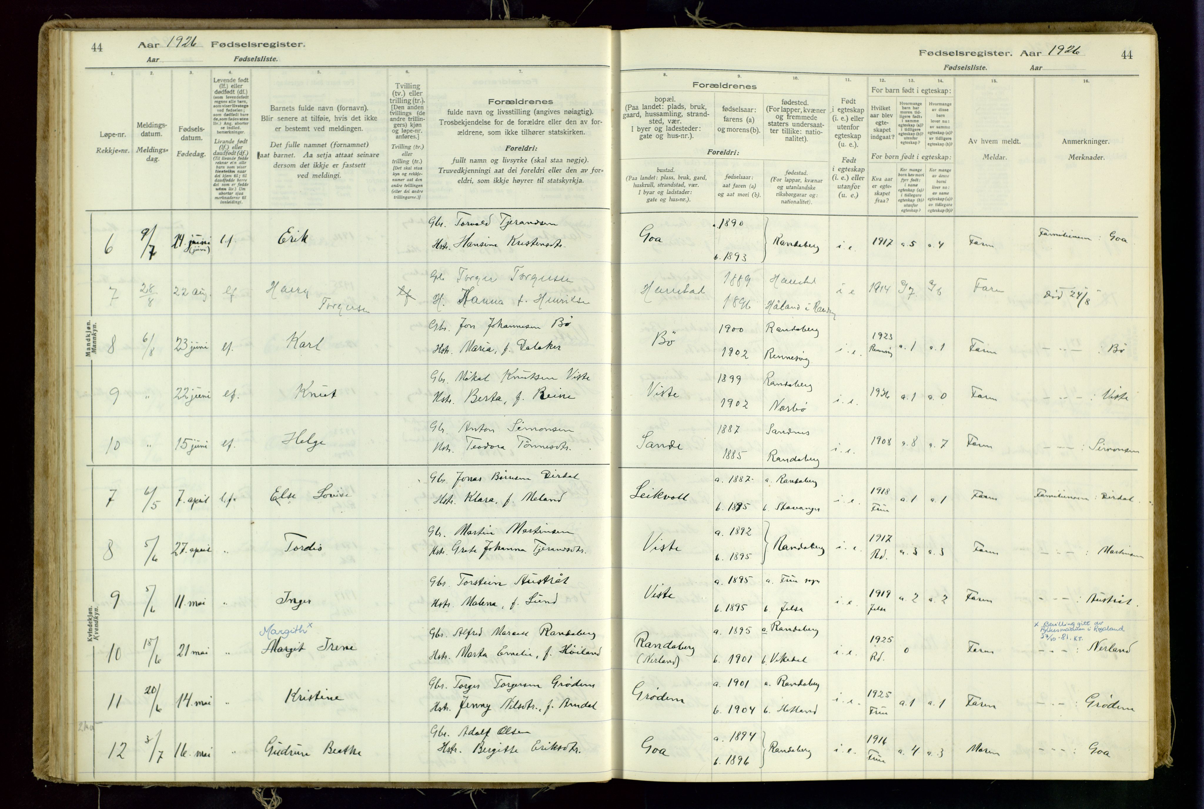 Hetland sokneprestkontor, SAST/A-101826/70/704BA/L0001: Birth register no. 1, 1916-1954, p. 44