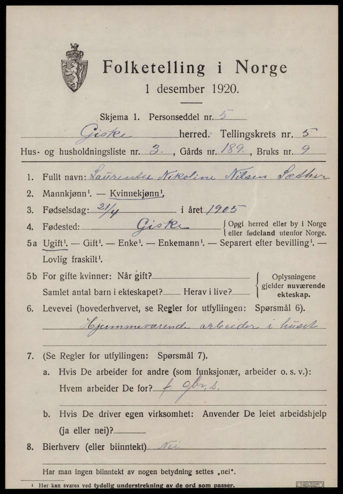 SAT, 1920 census for Giske, 1920, p. 3658