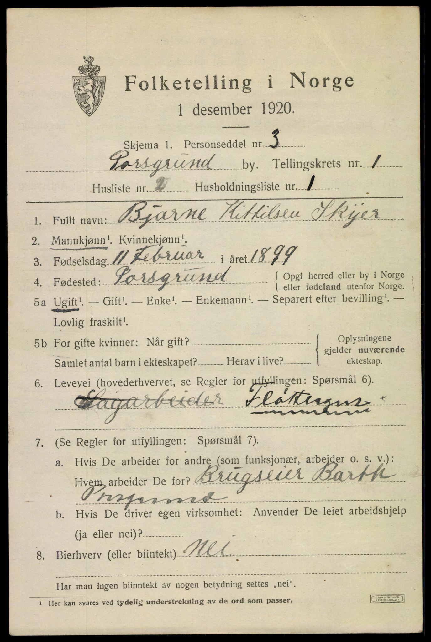 SAKO, 1920 census for Porsgrunn, 1920, p. 7121