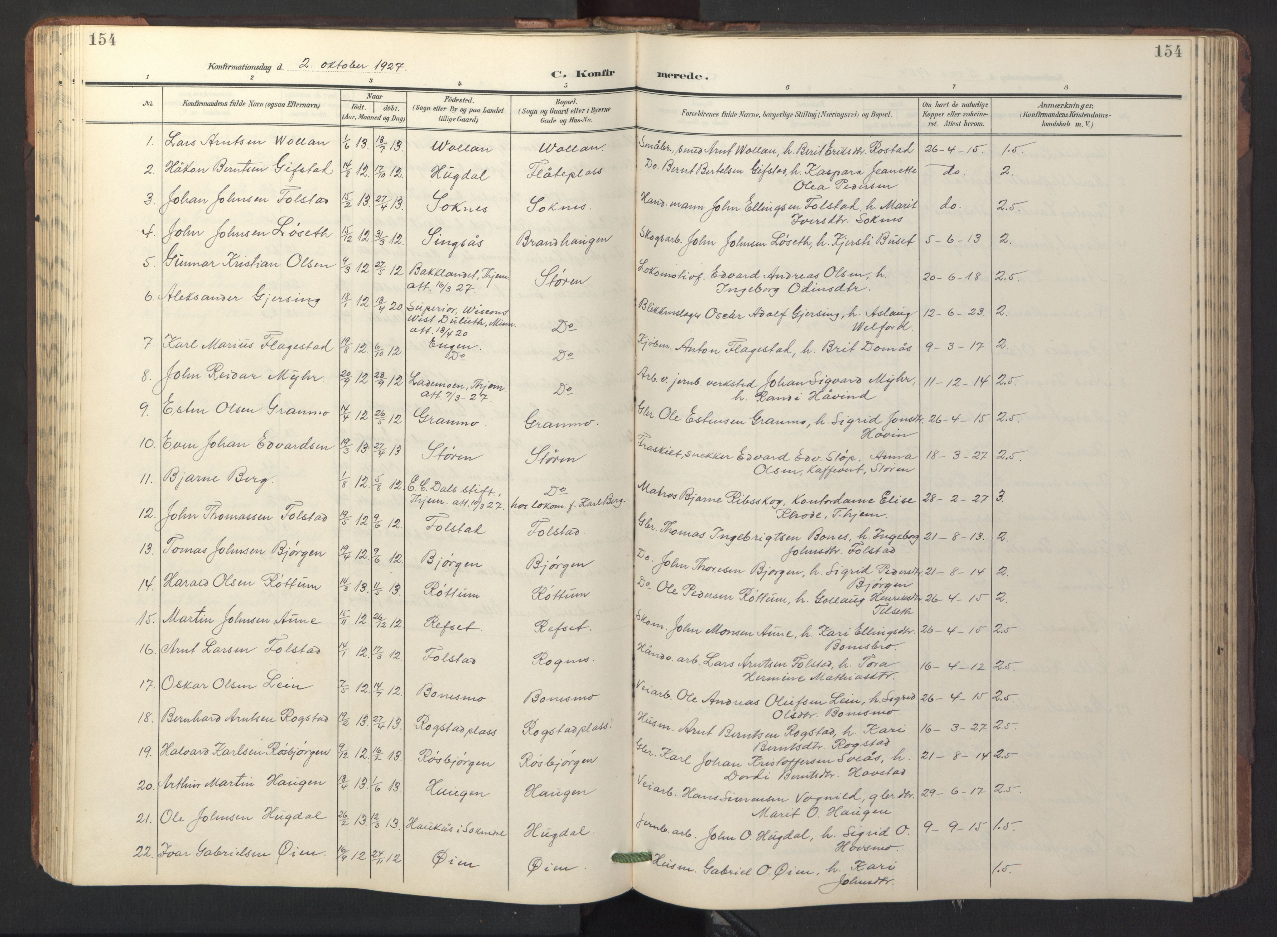 Ministerialprotokoller, klokkerbøker og fødselsregistre - Sør-Trøndelag, SAT/A-1456/687/L1019: Parish register (copy) no. 687C03, 1904-1931, p. 154