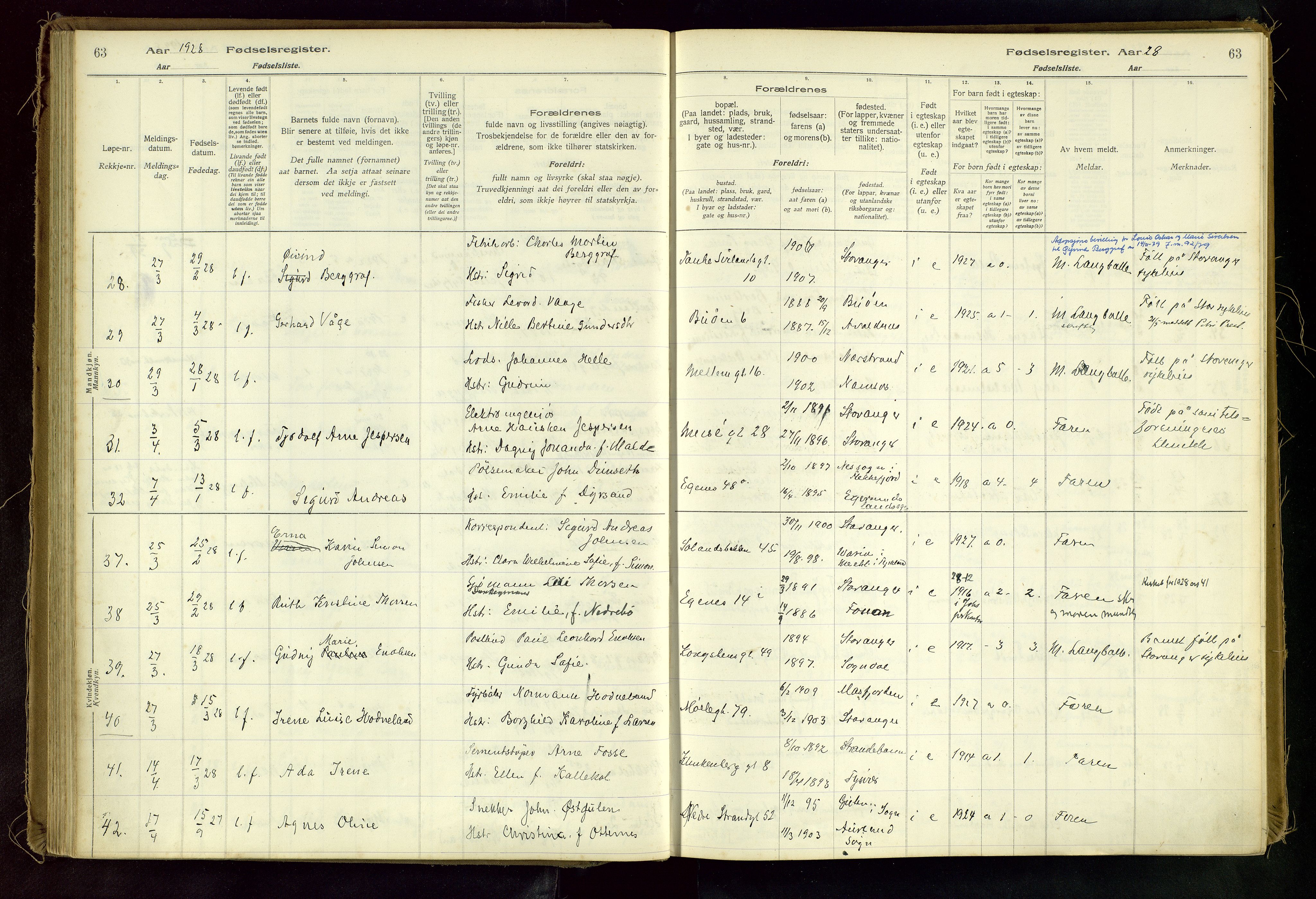 Domkirken sokneprestkontor, AV/SAST-A-101812/002/A/L0001: Birth register no. 1, 1925-1932, p. 63