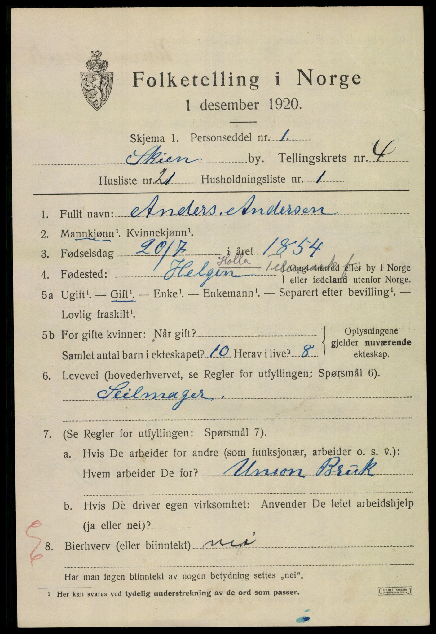 SAKO, 1920 census for Skien, 1920, p. 16942