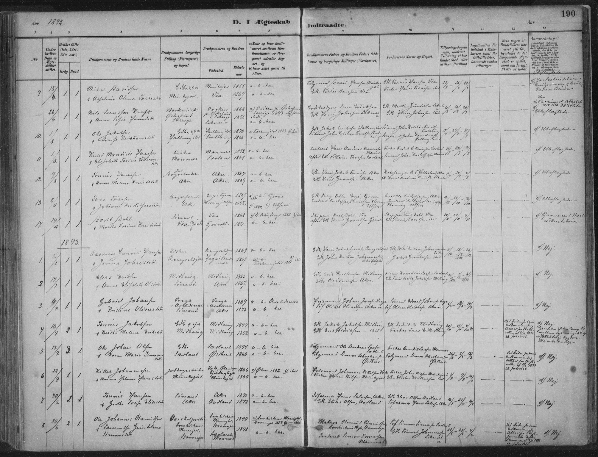 Kopervik sokneprestkontor, SAST/A-101850/H/Ha/Haa/L0004: Parish register (official) no. A 4, 1882-1905, p. 190