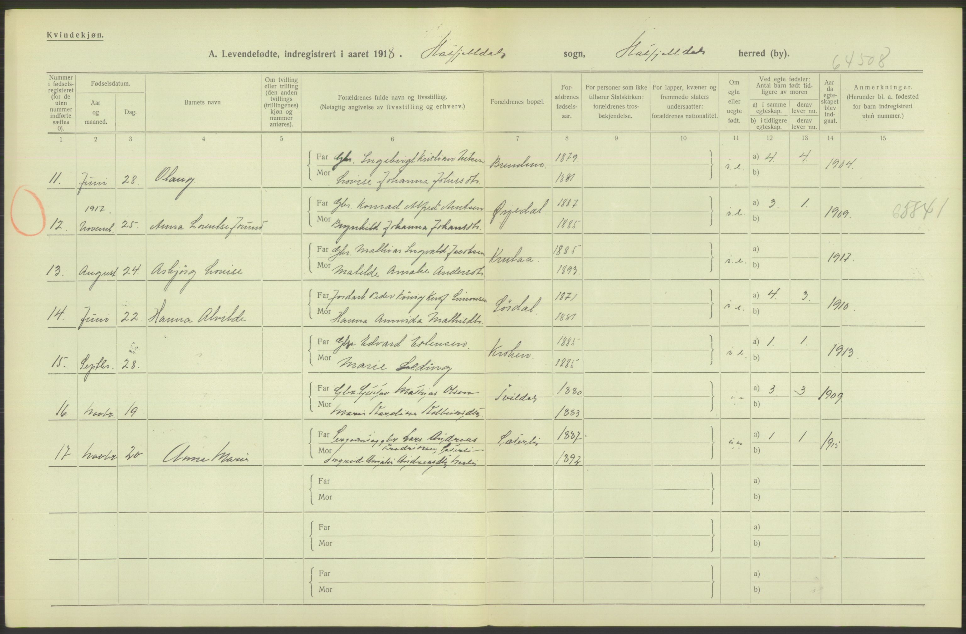 Statistisk sentralbyrå, Sosiodemografiske emner, Befolkning, AV/RA-S-2228/D/Df/Dfb/Dfbh/L0052: Nordland fylke: Levendefødte menn og kvinner. Bygder., 1918, p. 662