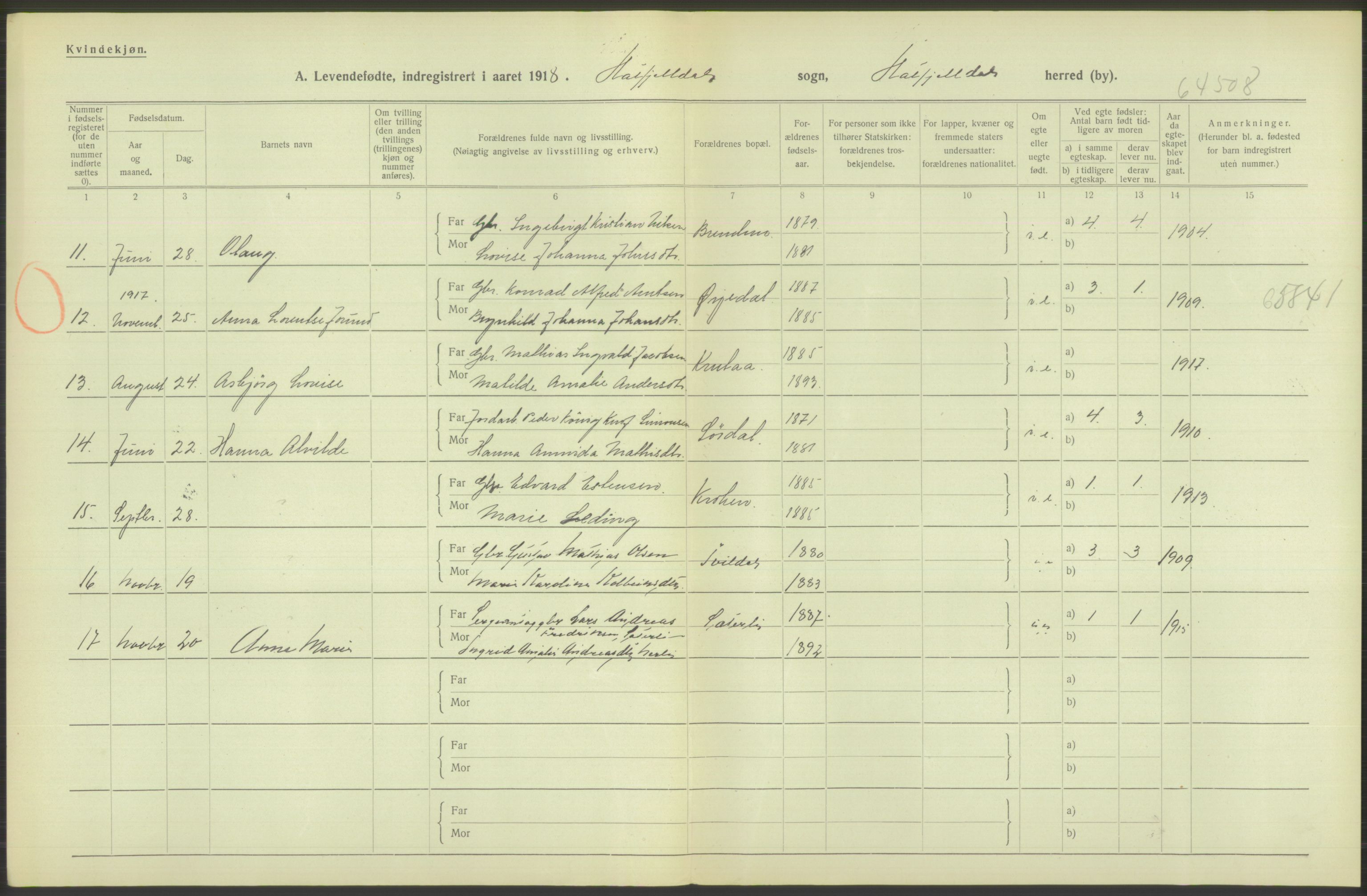 Statistisk sentralbyrå, Sosiodemografiske emner, Befolkning, RA/S-2228/D/Df/Dfb/Dfbh/L0052: Nordland fylke: Levendefødte menn og kvinner. Bygder., 1918, p. 662