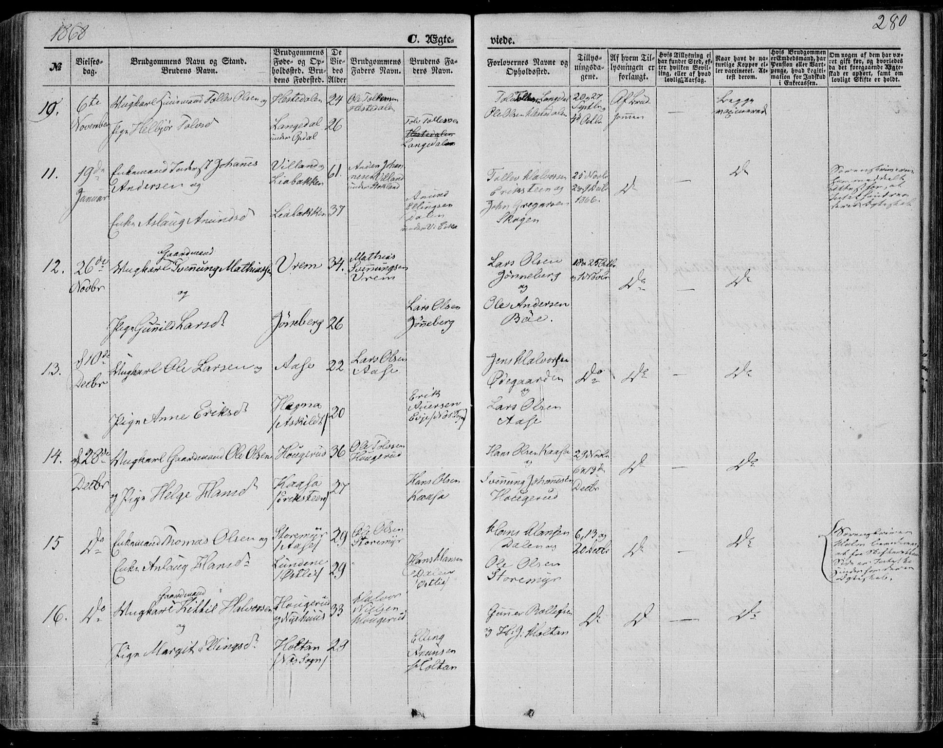 Bø kirkebøker, SAKO/A-257/F/Fa/L0009: Parish register (official) no. 9, 1862-1879, p. 280