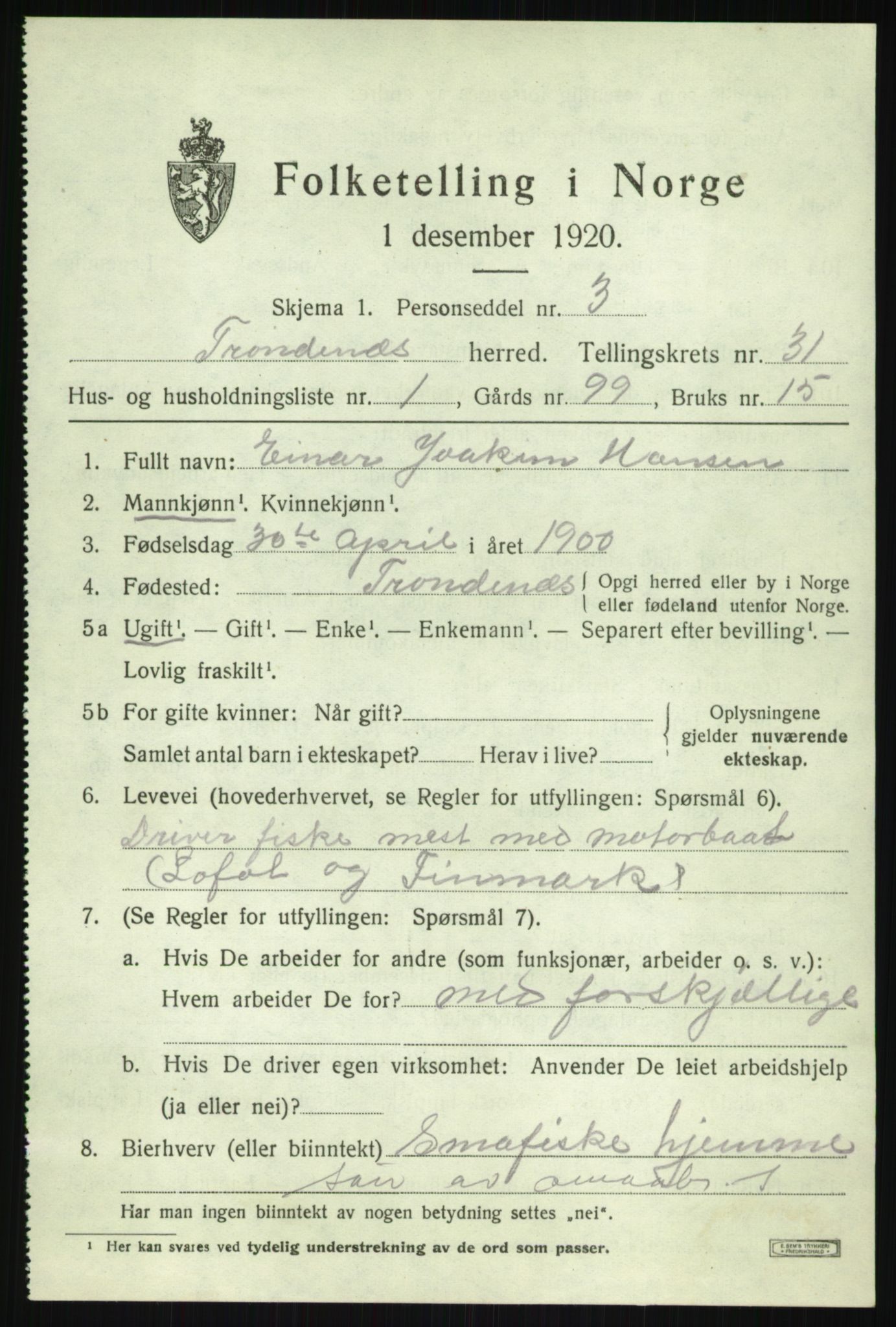 SATØ, 1920 census for Trondenes, 1920, p. 21919