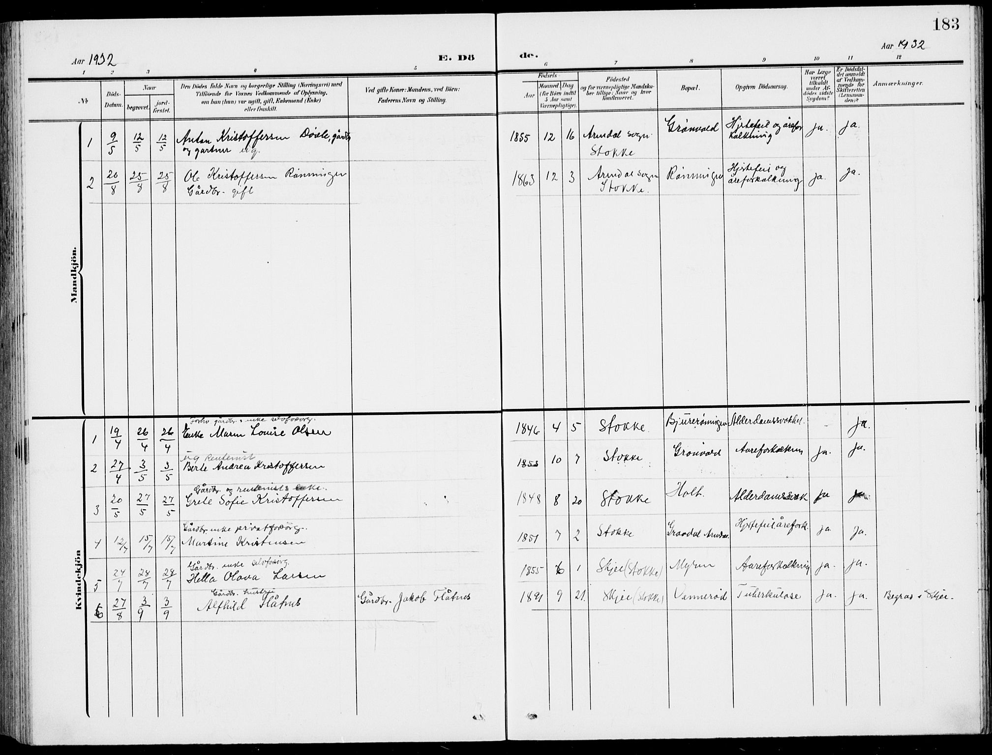 Stokke kirkebøker, AV/SAKO-A-320/G/Gc/L0001: Parish register (copy) no. III 1, 1904-1935, p. 183