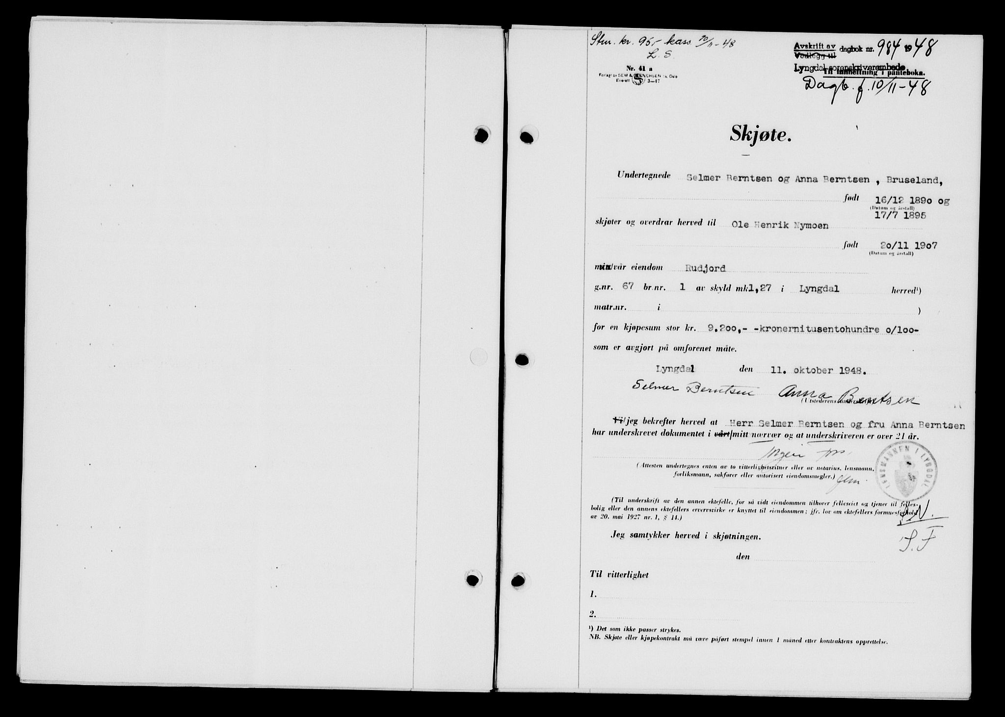 Lyngdal sorenskriveri, AV/SAK-1221-0004/G/Gb/L0663: Mortgage book no. A IX, 1948-1949, Diary no: : 984/1948