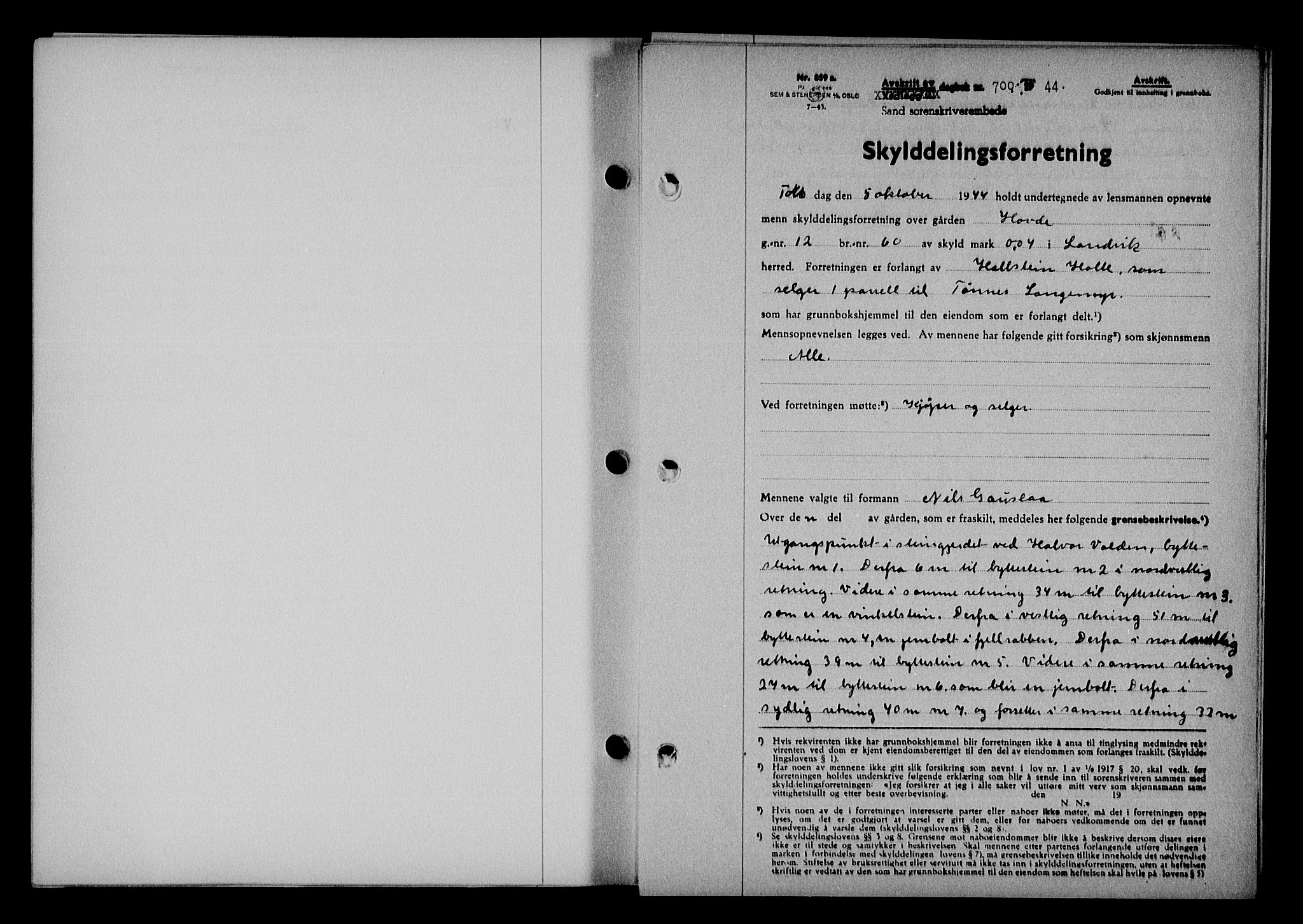 Vestre Nedenes/Sand sorenskriveri, SAK/1221-0010/G/Gb/Gba/L0053: Mortgage book no. A 6, 1944-1945, Diary no: : 700/1944
