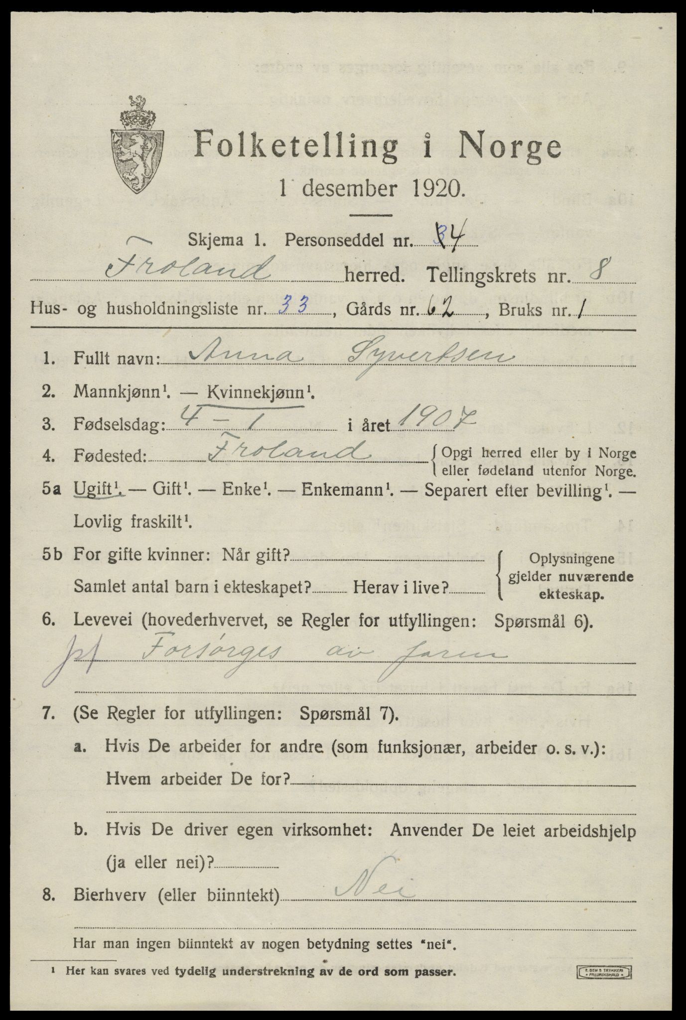 SAK, 1920 census for Froland, 1920, p. 4895