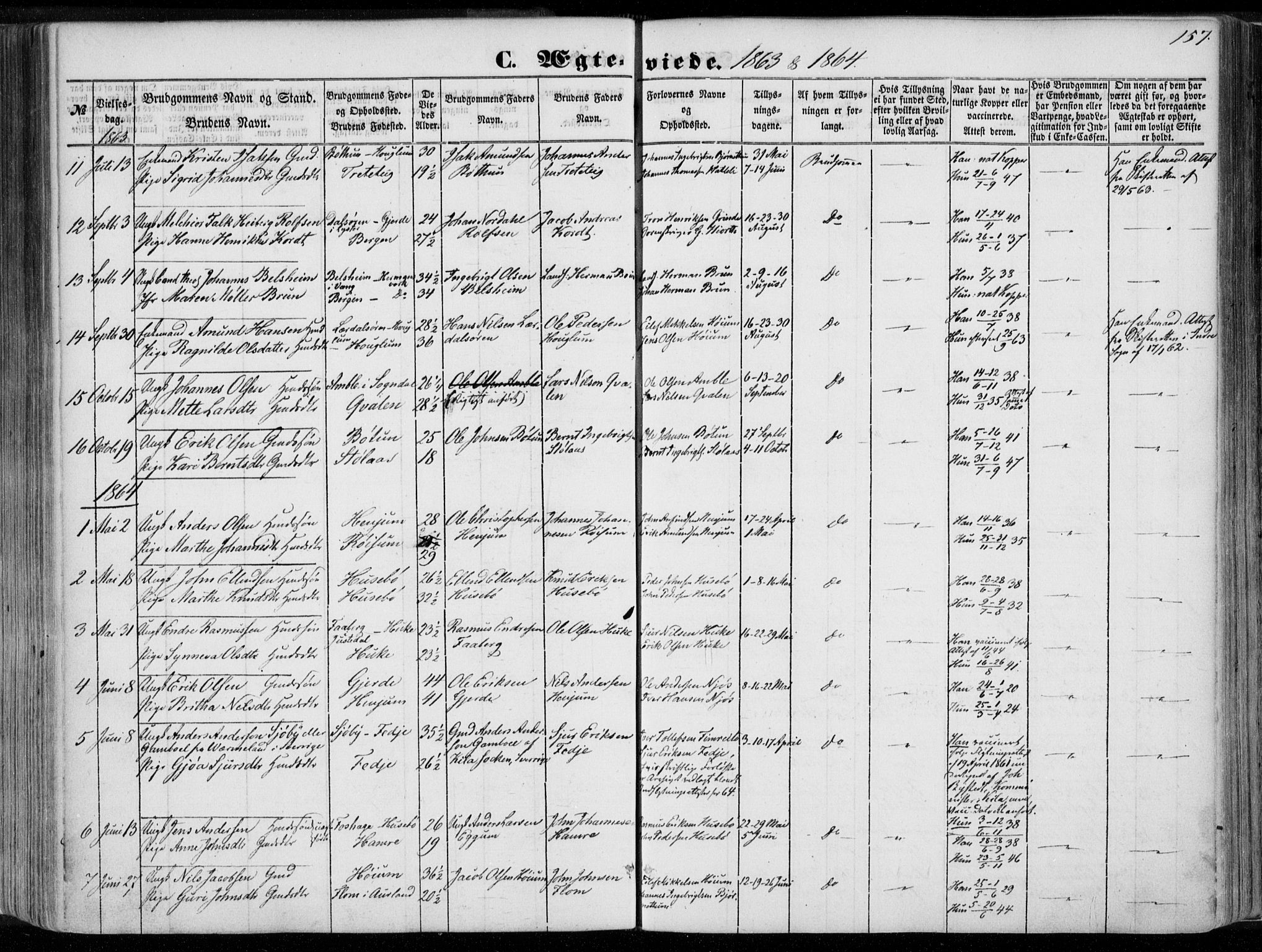 Leikanger sokneprestembete, SAB/A-81001: Parish register (official) no. A 8, 1852-1868, p. 157