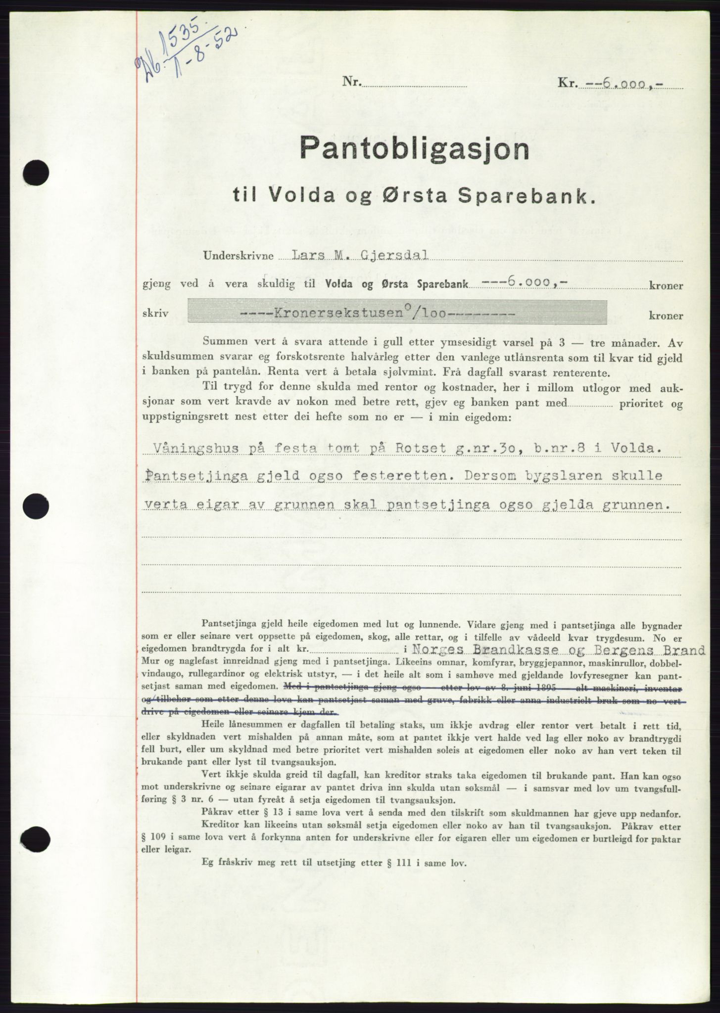 Søre Sunnmøre sorenskriveri, AV/SAT-A-4122/1/2/2C/L0121: Mortgage book no. 9B, 1951-1952, Diary no: : 1535/1952