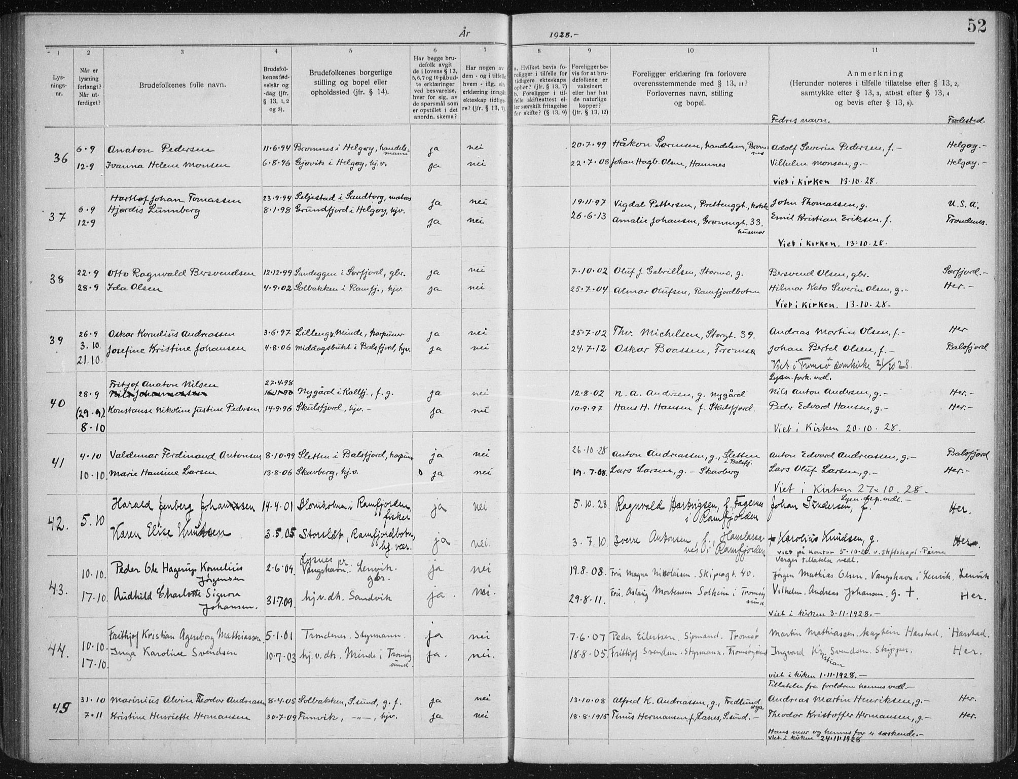 Tromsøysund sokneprestkontor, AV/SATØ-S-1304/H/Hc/L0059: Banns register no. 59, 1919-1937, p. 52